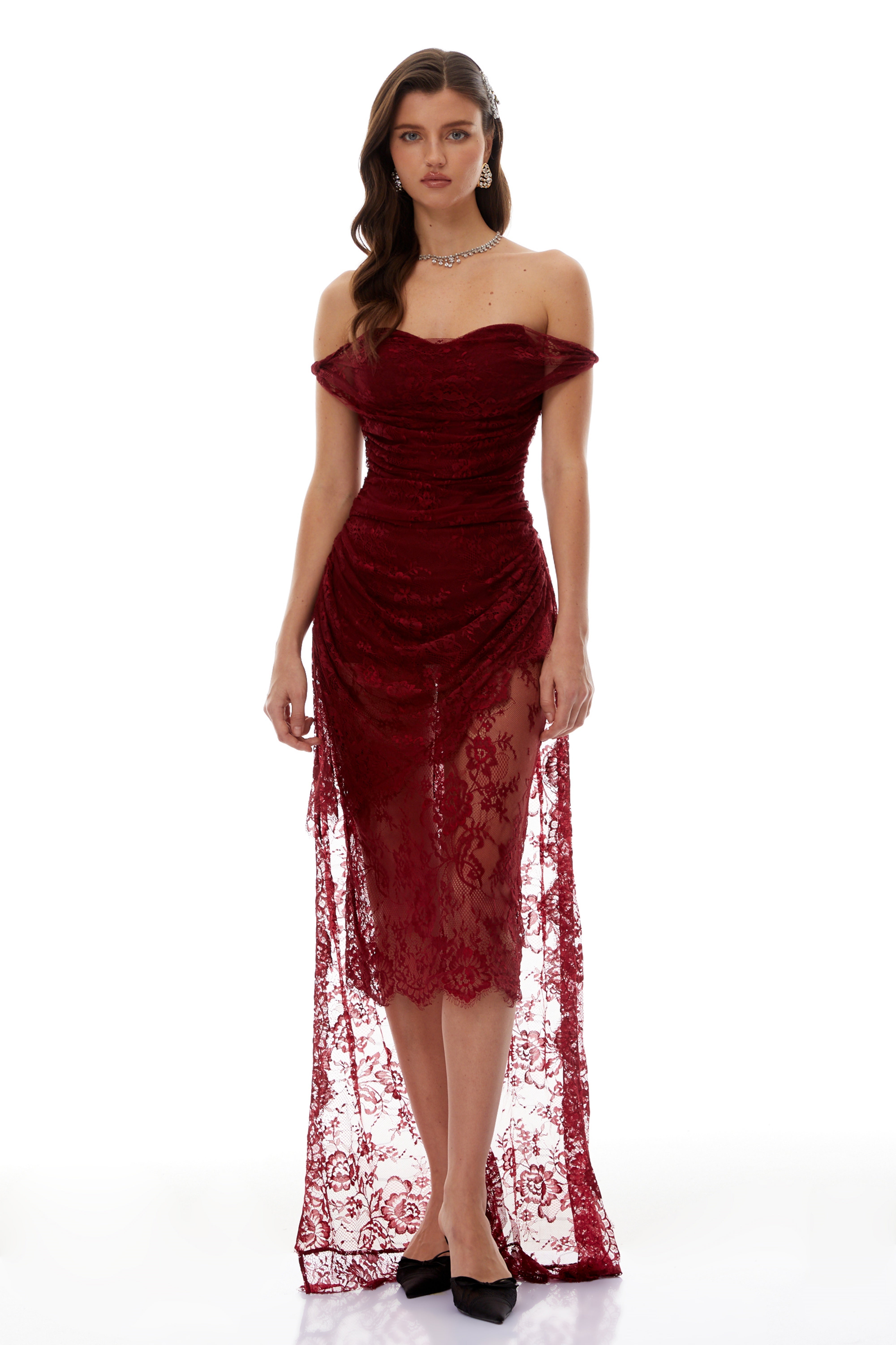 Eline Burgundy Ruched Floral Lace Gown (Final Sale-US Only)