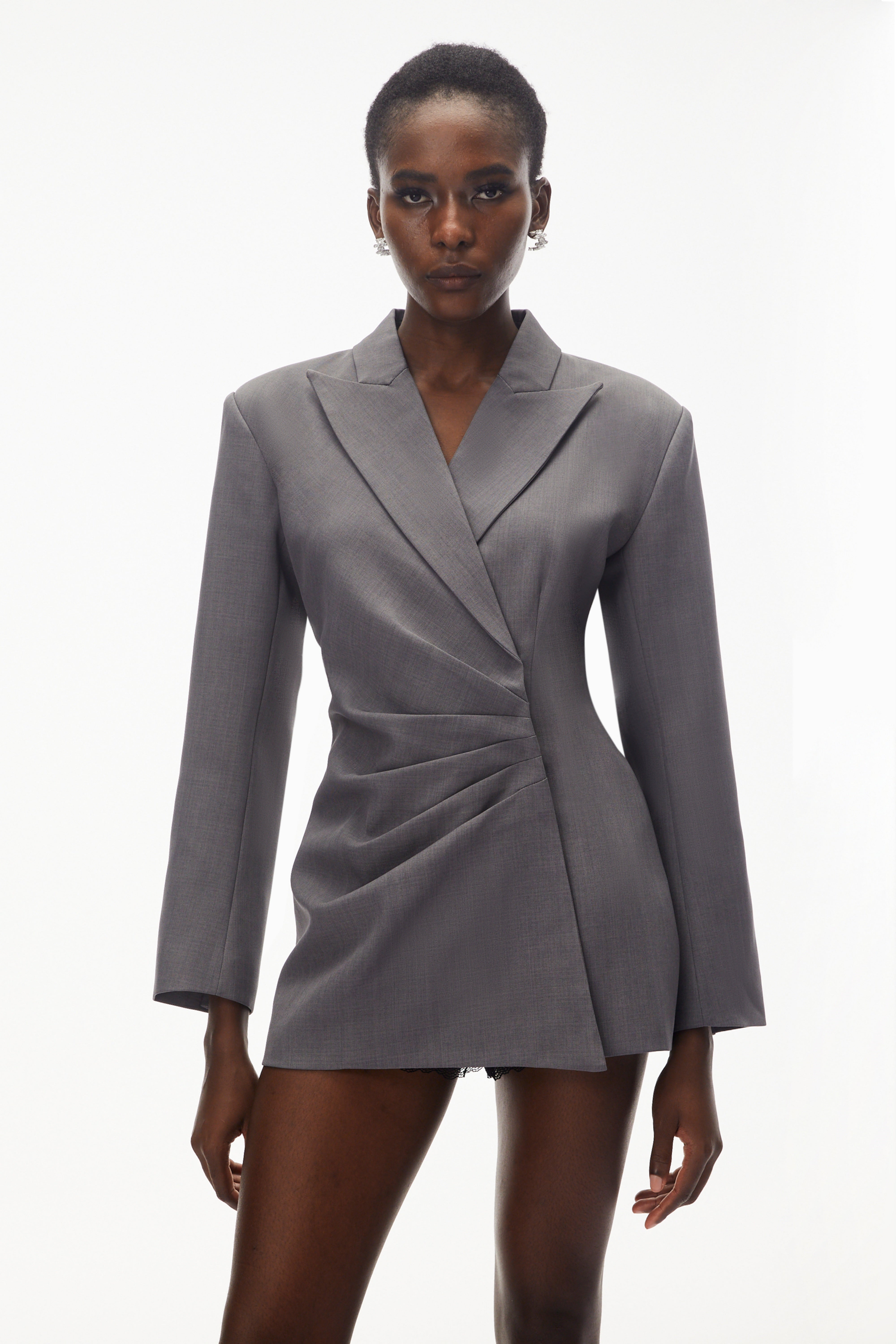 Eliza Grey Asymmetrical Ruched Blazer