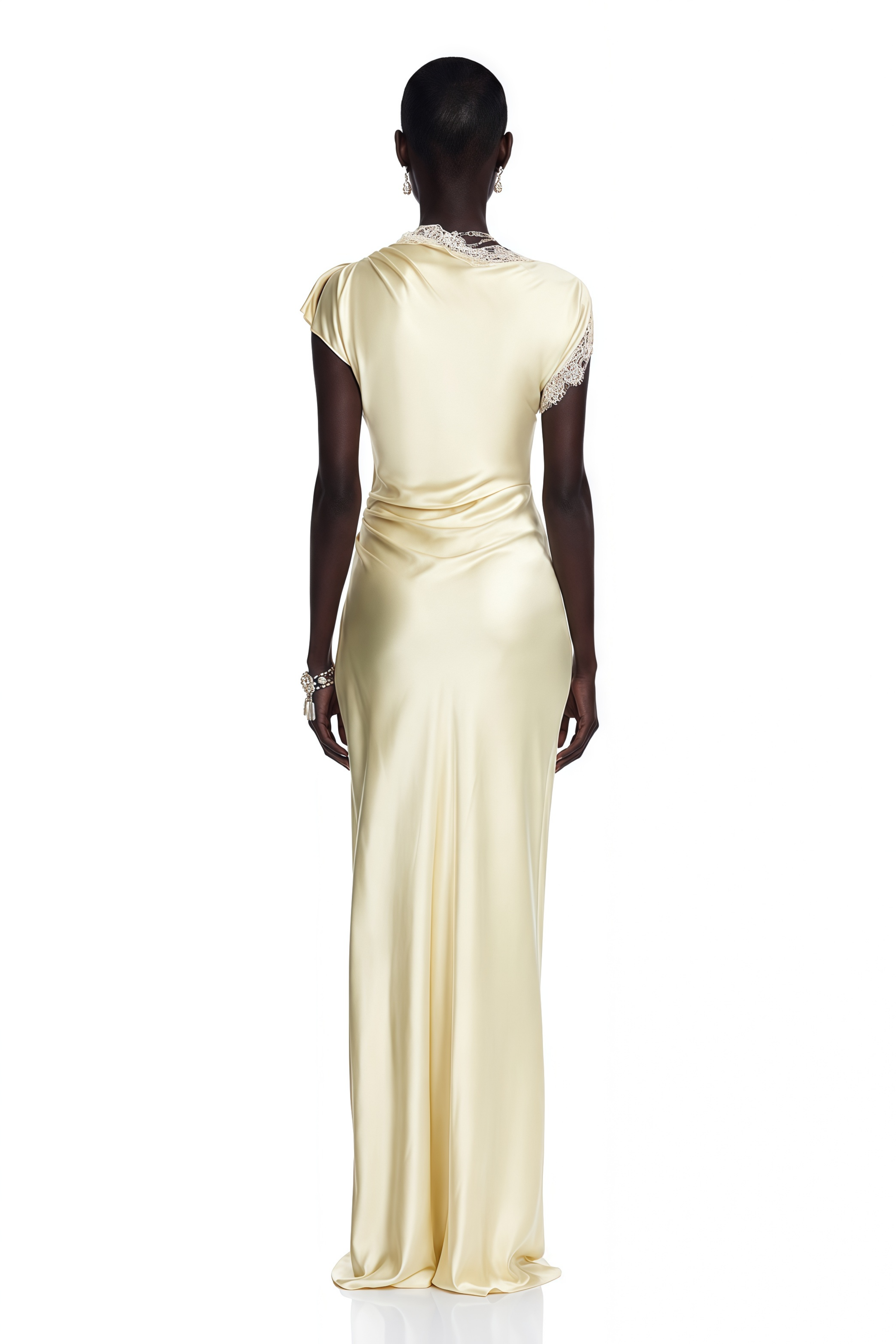 Elowen Yellow Satin Maxi Dress with Lace Trim and Slit