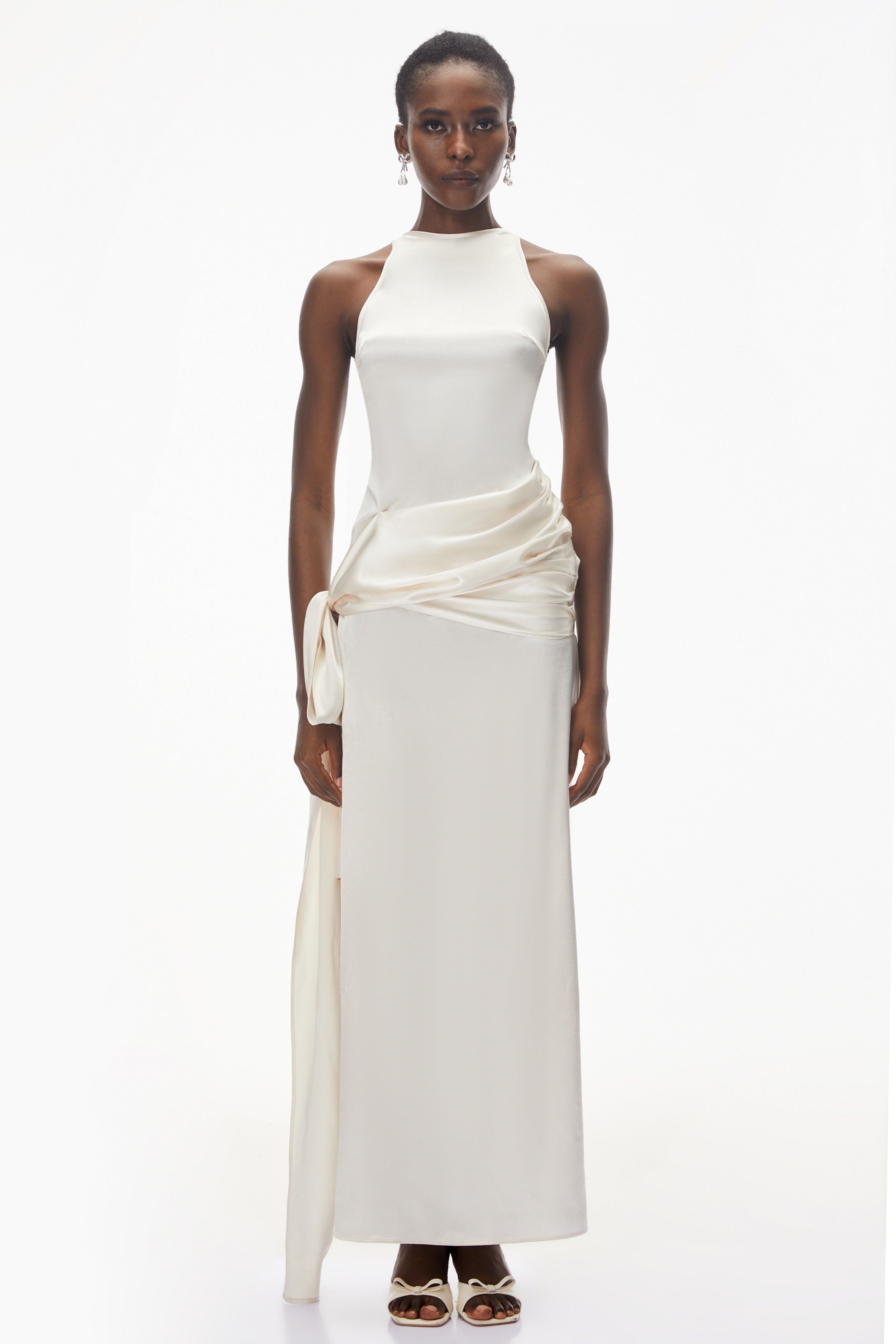 Emilia Ivory Satin Maxi Dress with Bow Detail (Final Sale-US Only)