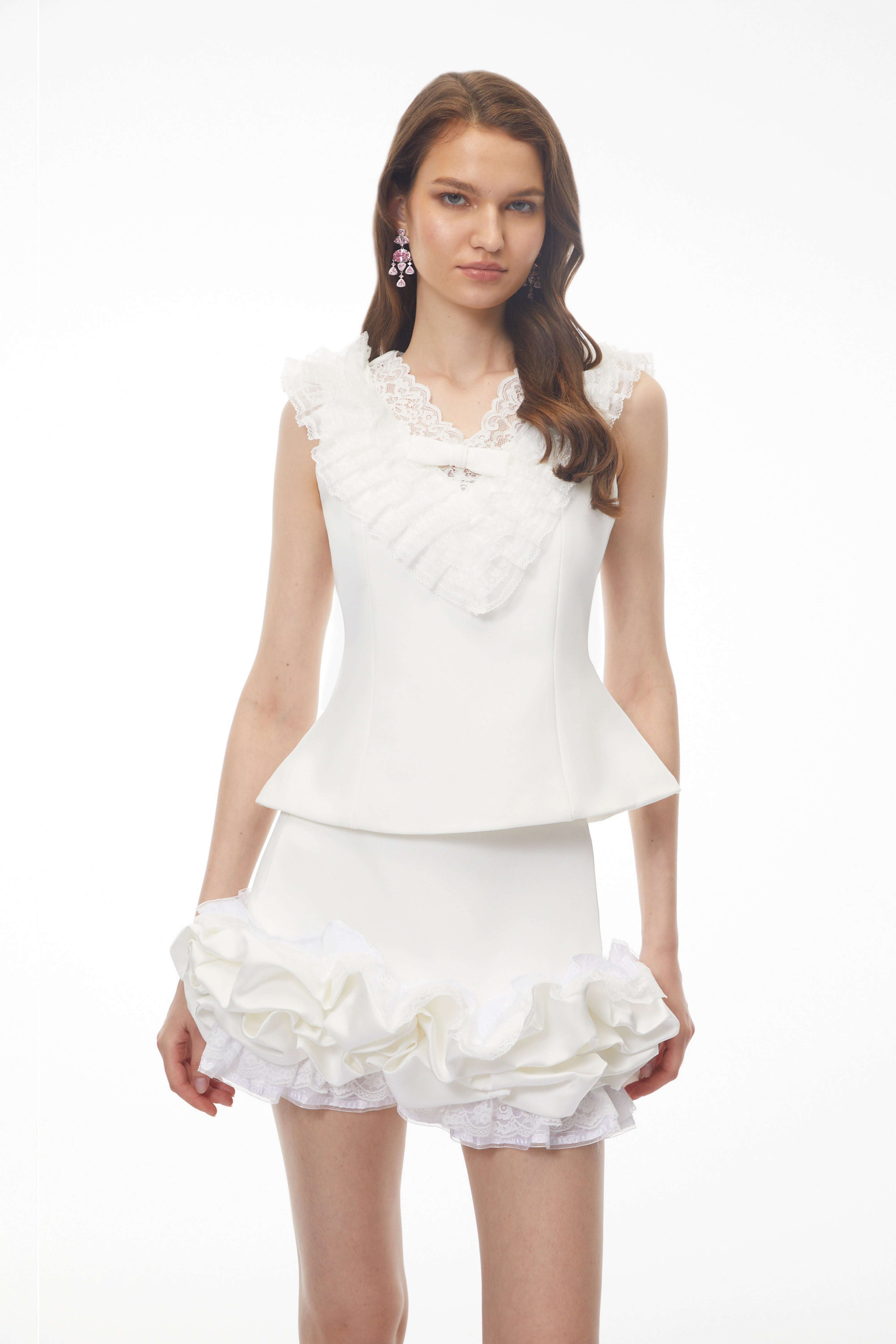 Emmeline White V-Neck Top & Ruffled Skirt Set (Final Sale)