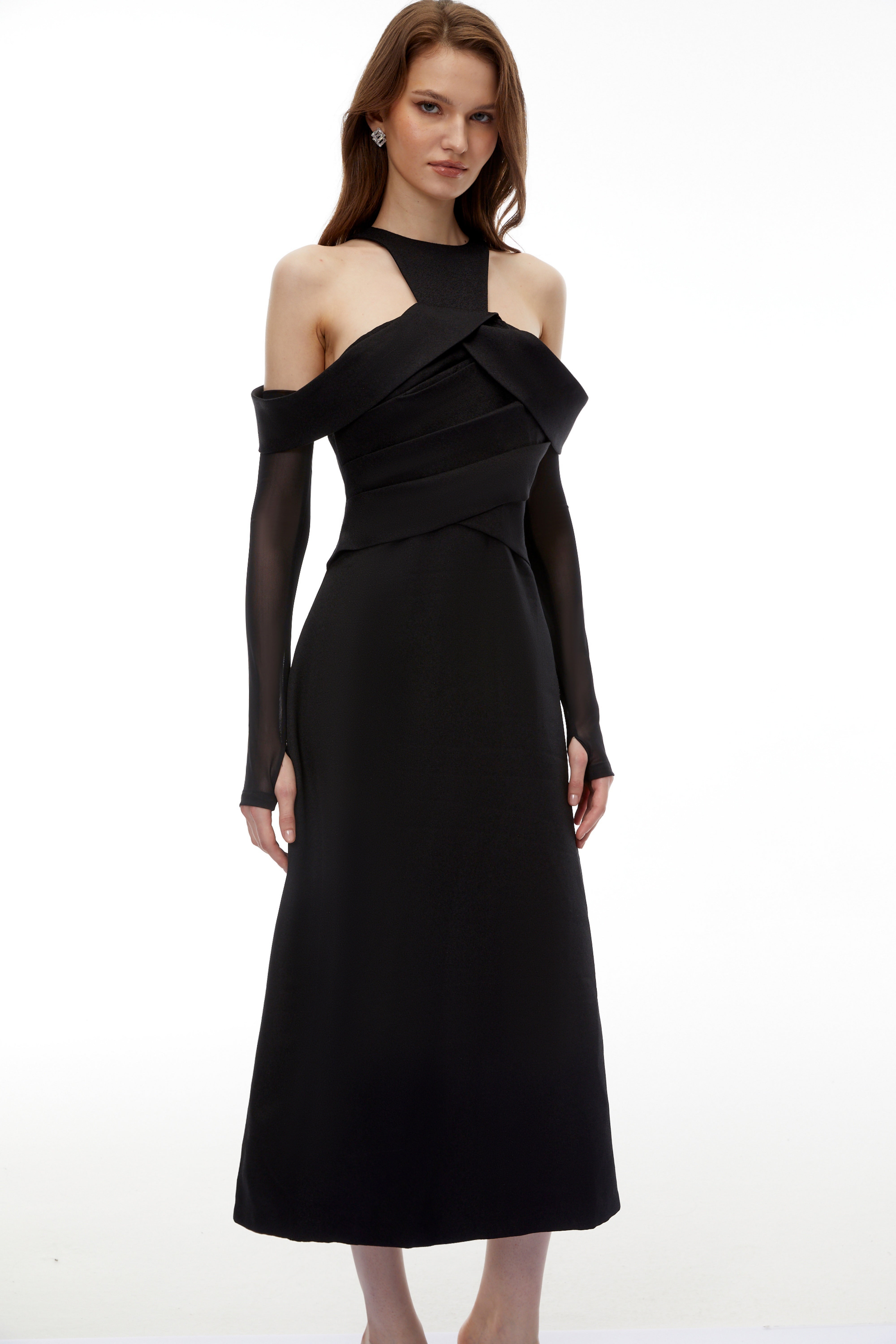 Erika Black Cold Shoulder Draped Midi Dress (Final Sale)