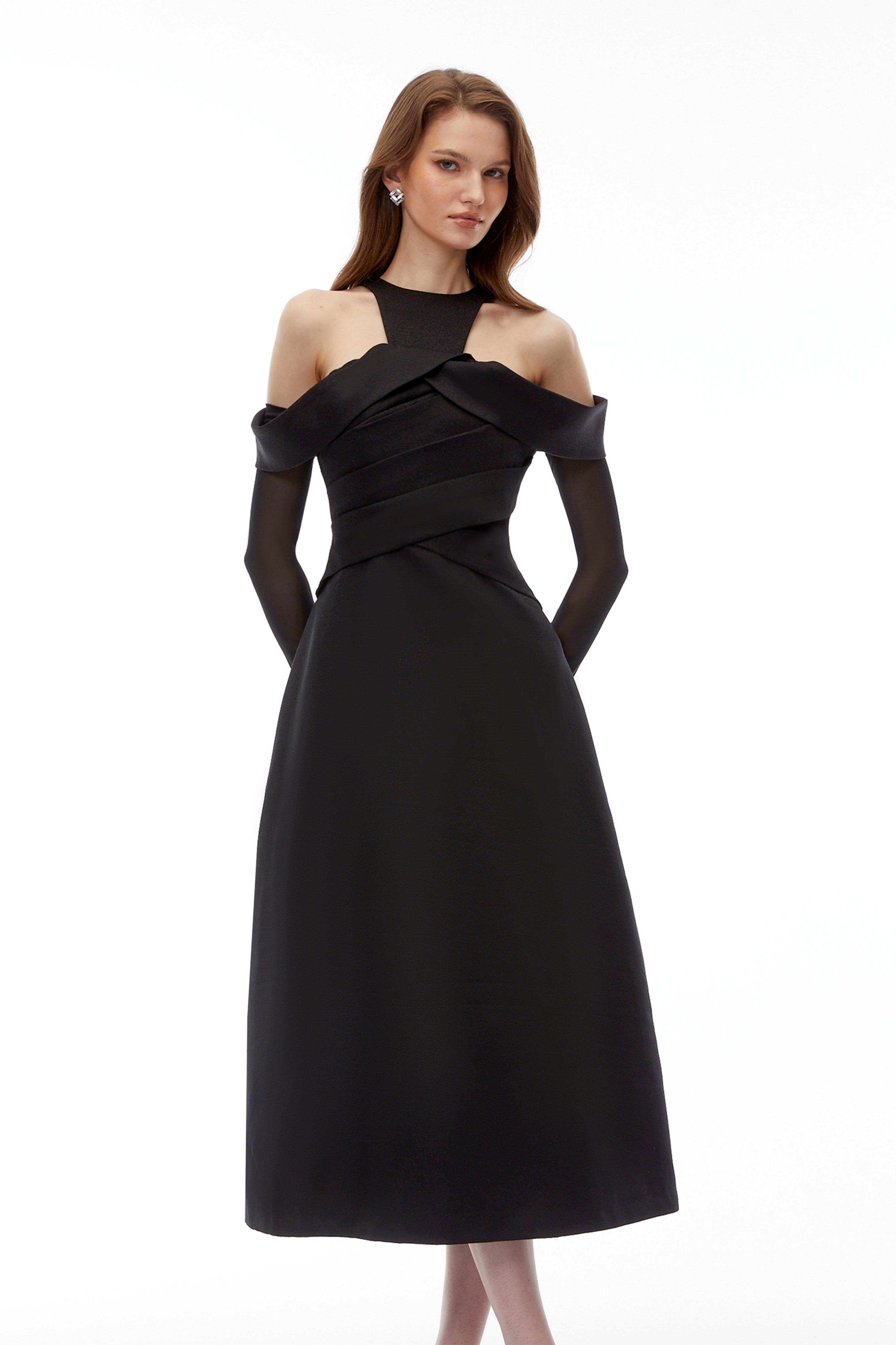 Erika Black Cold Shoulder Draped Midi Dress (Final Sale)