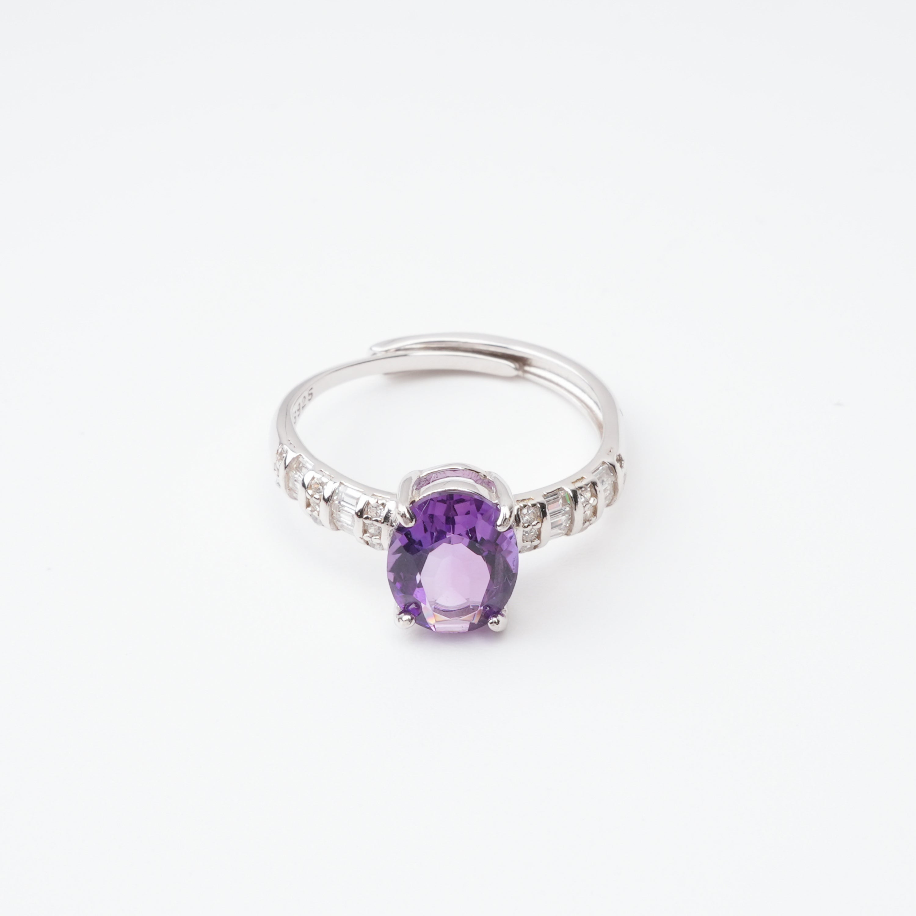Evelina Purple Amethyst Oval Cut Baguette Crystal Sterling Silver Ring