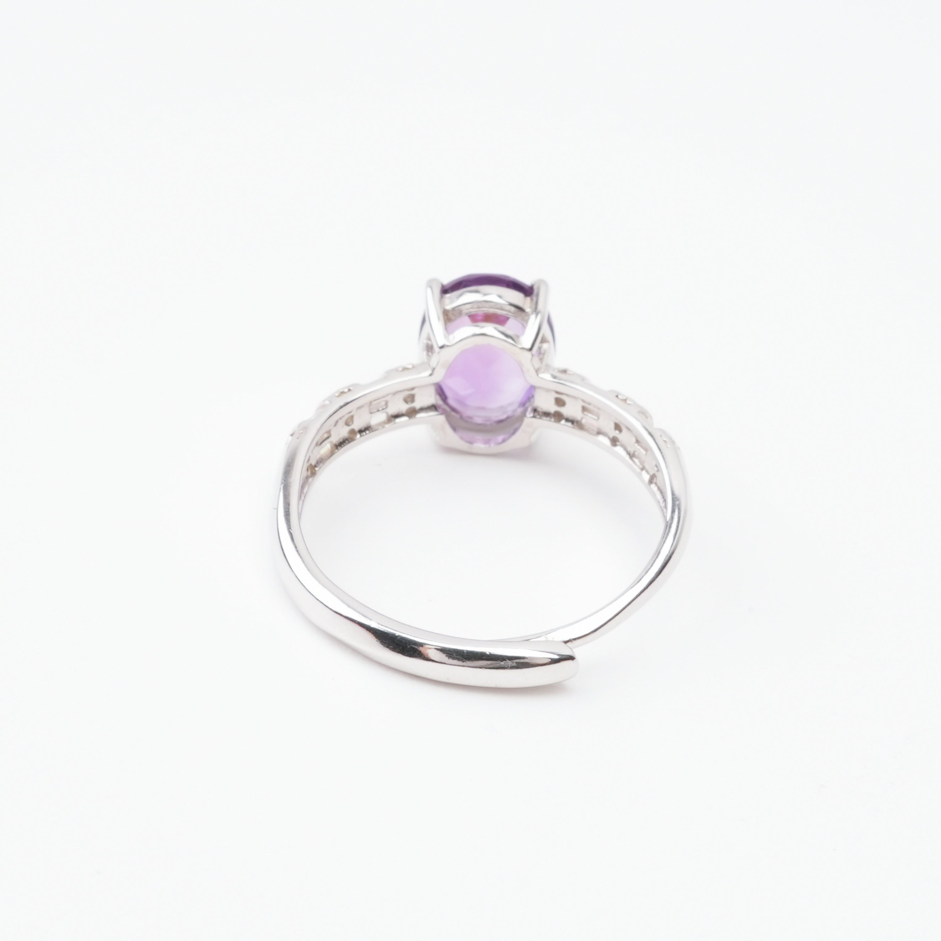 Evelina Purple Amethyst Oval Cut Baguette Crystal Sterling Silver Ring