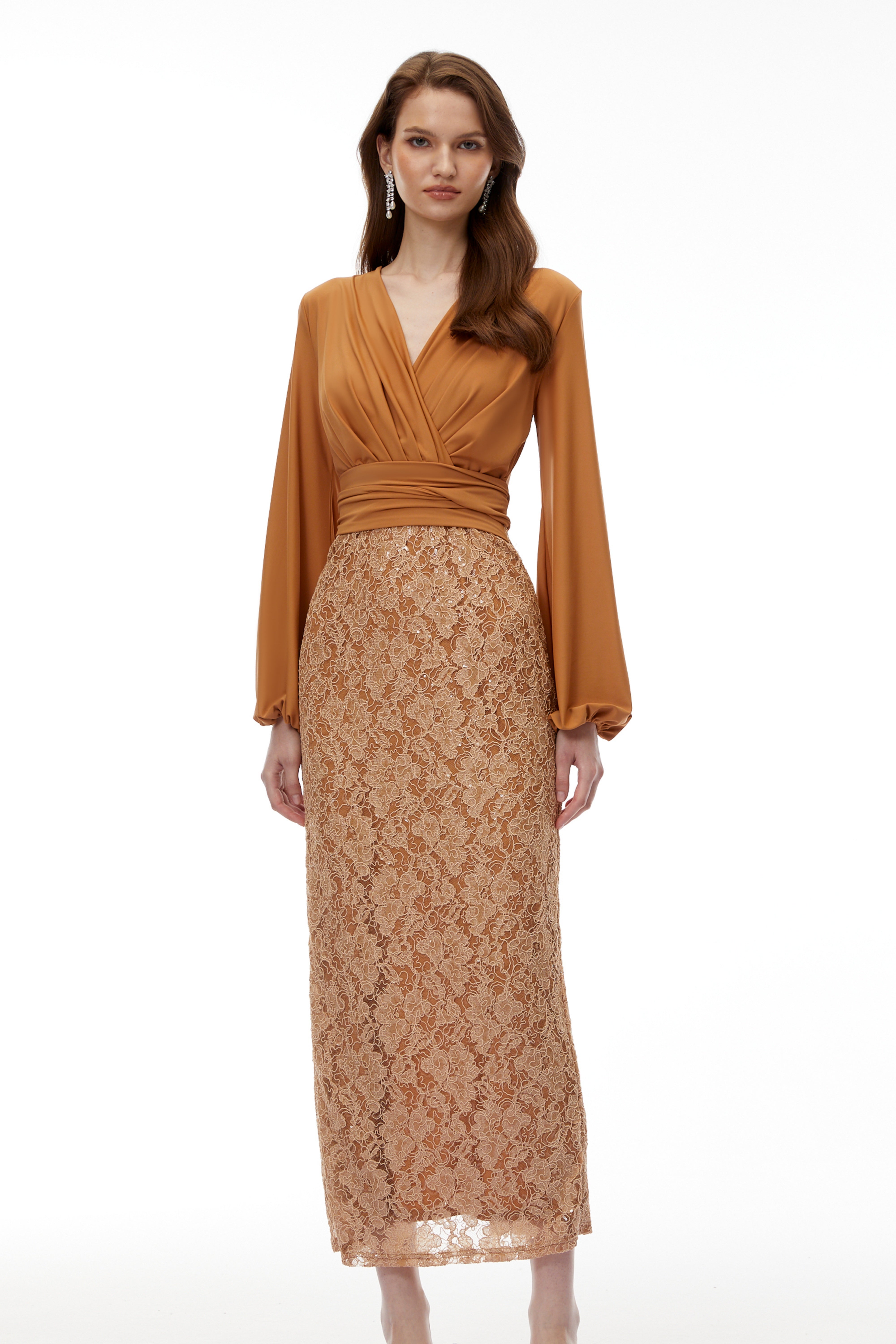 Fauna Brown Plunge Neck Lace Maxi Dress (Final Sale-US Only)