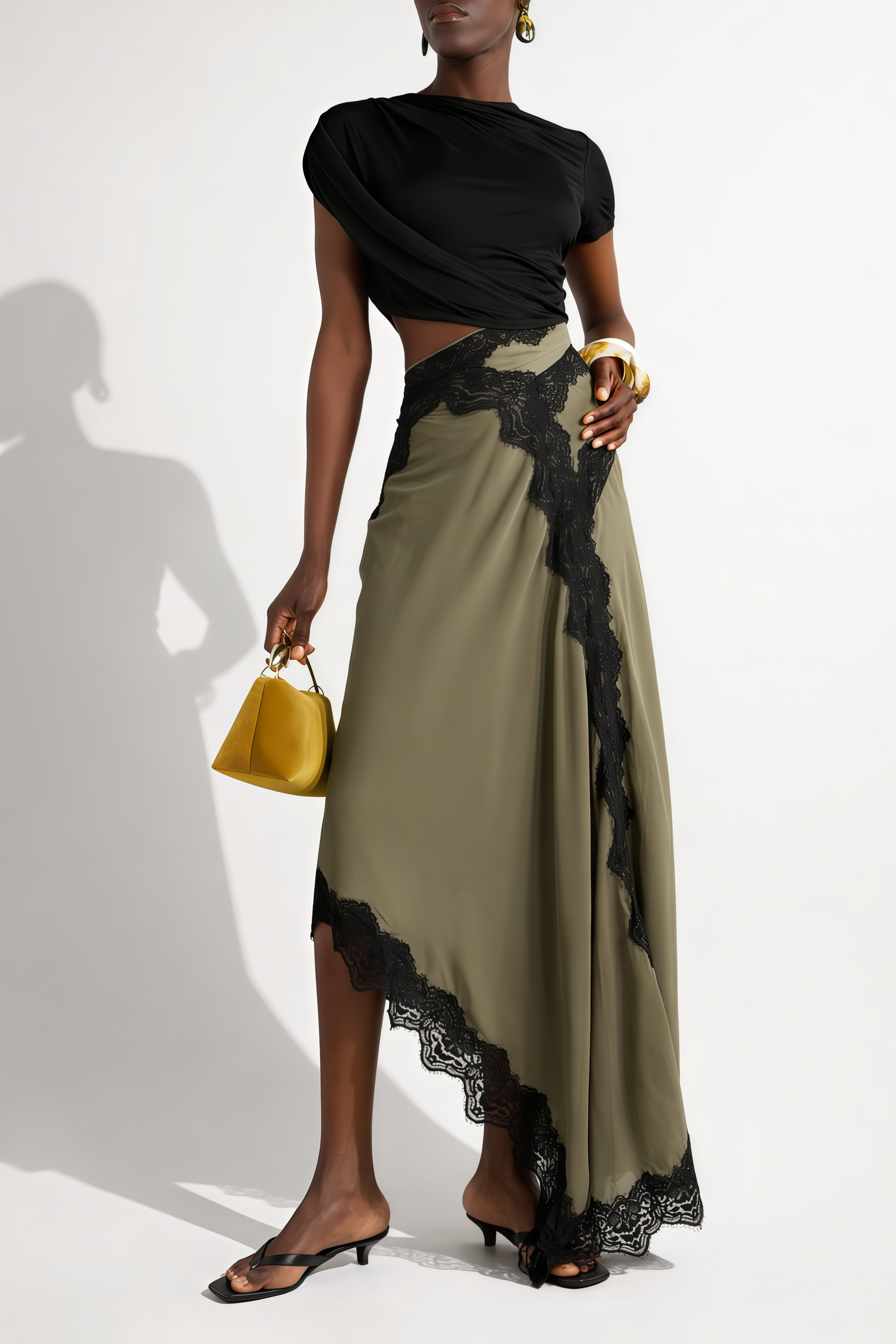 Asymmetric Lace-trimmed Woven Maxi Skirt in green