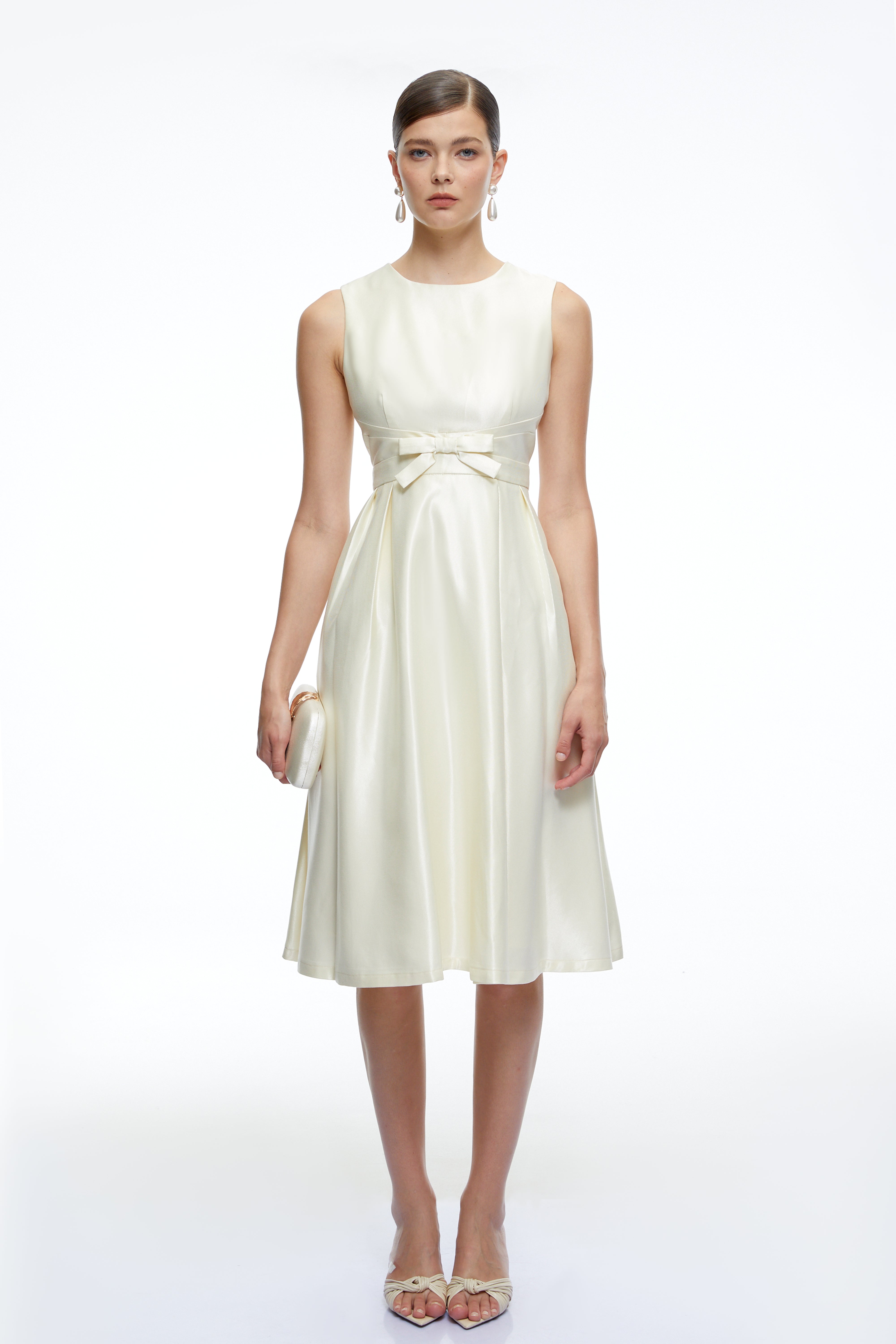 Fiora White Sleeveless A-Line Midi Dress with Bow