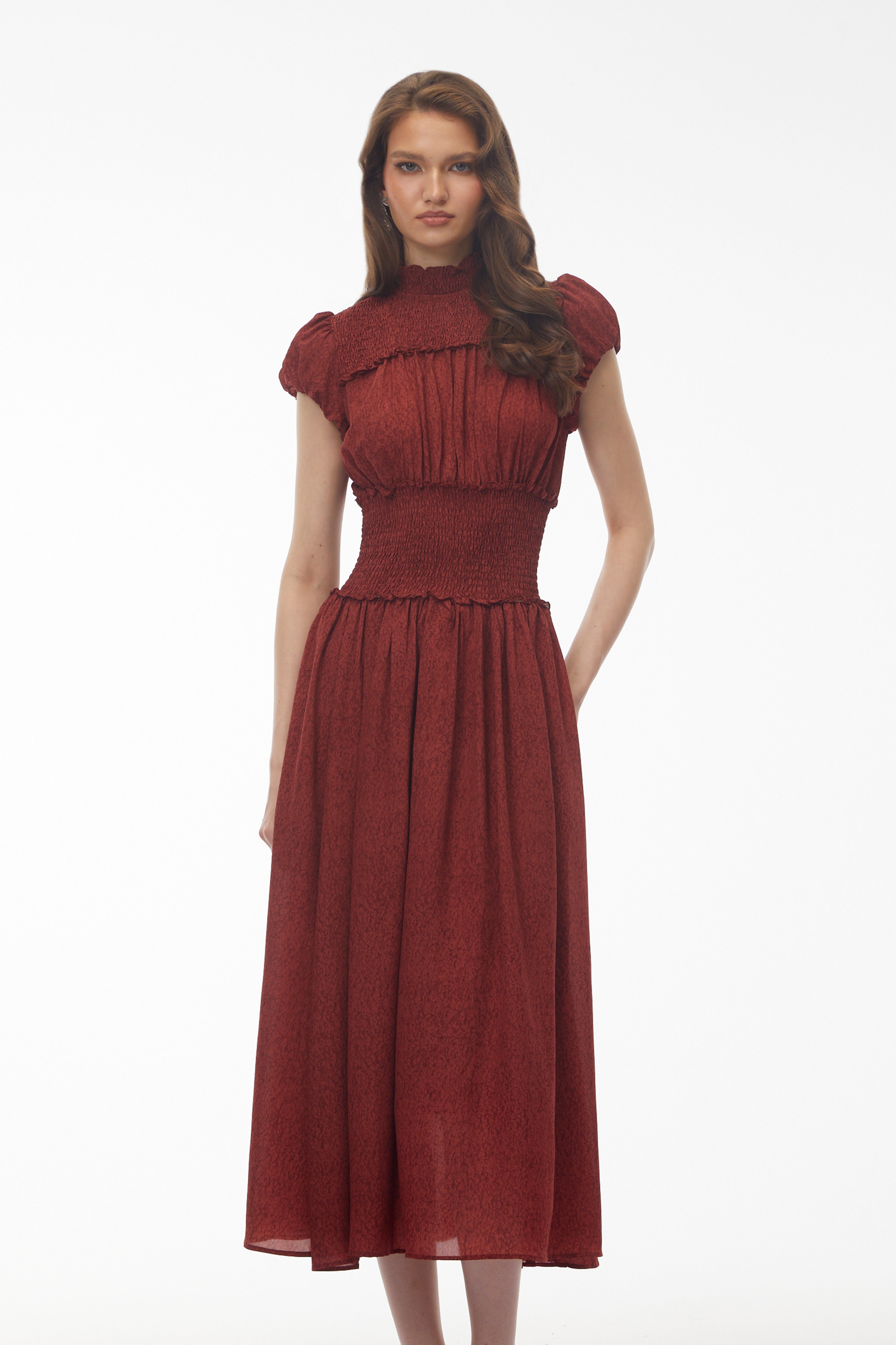 Fiorella Deep Red High Neck Pleated Midi Dress (Final Sale)