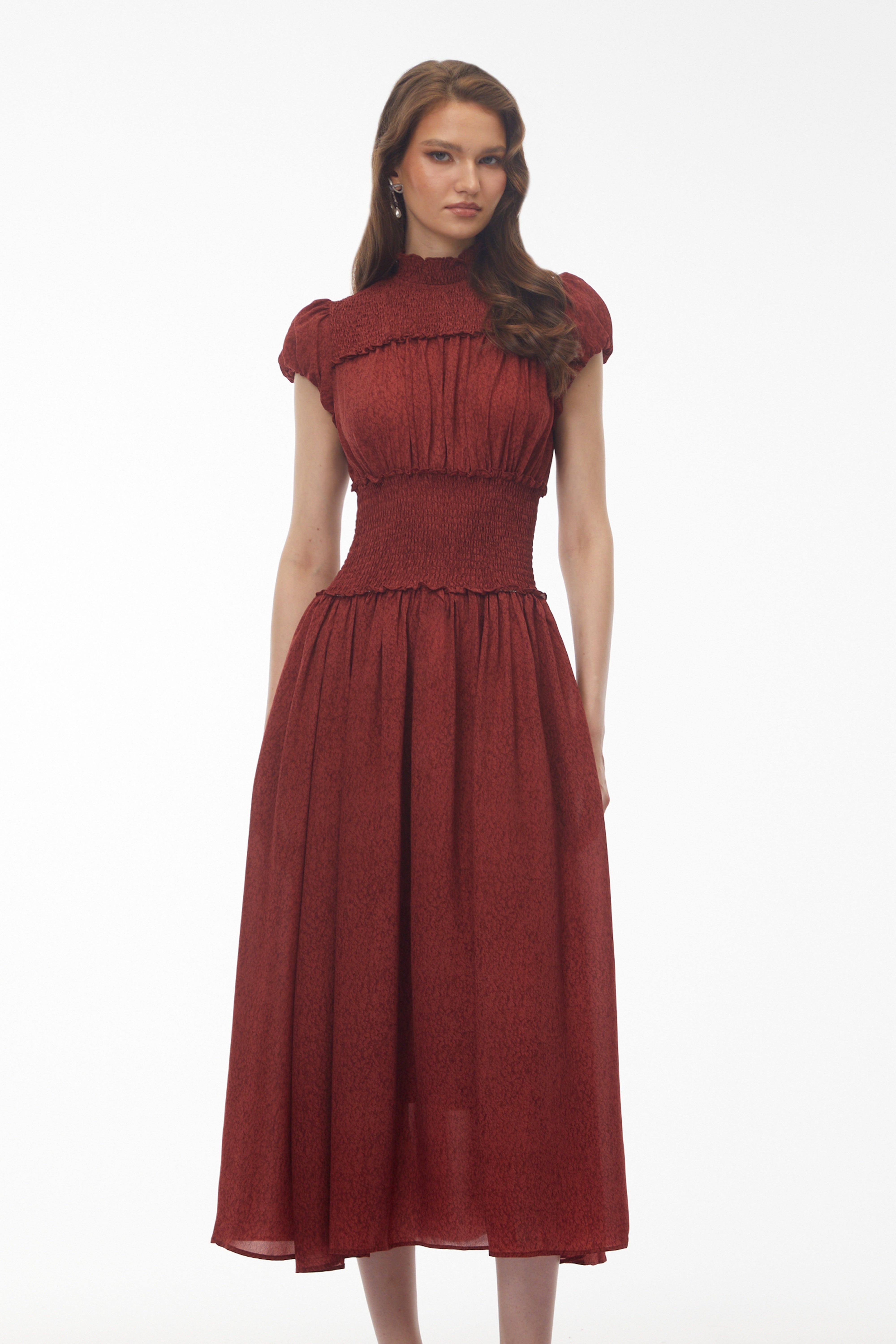 Fiorella Deep Red High Neck Pleated Midi Dress (Final Sale)