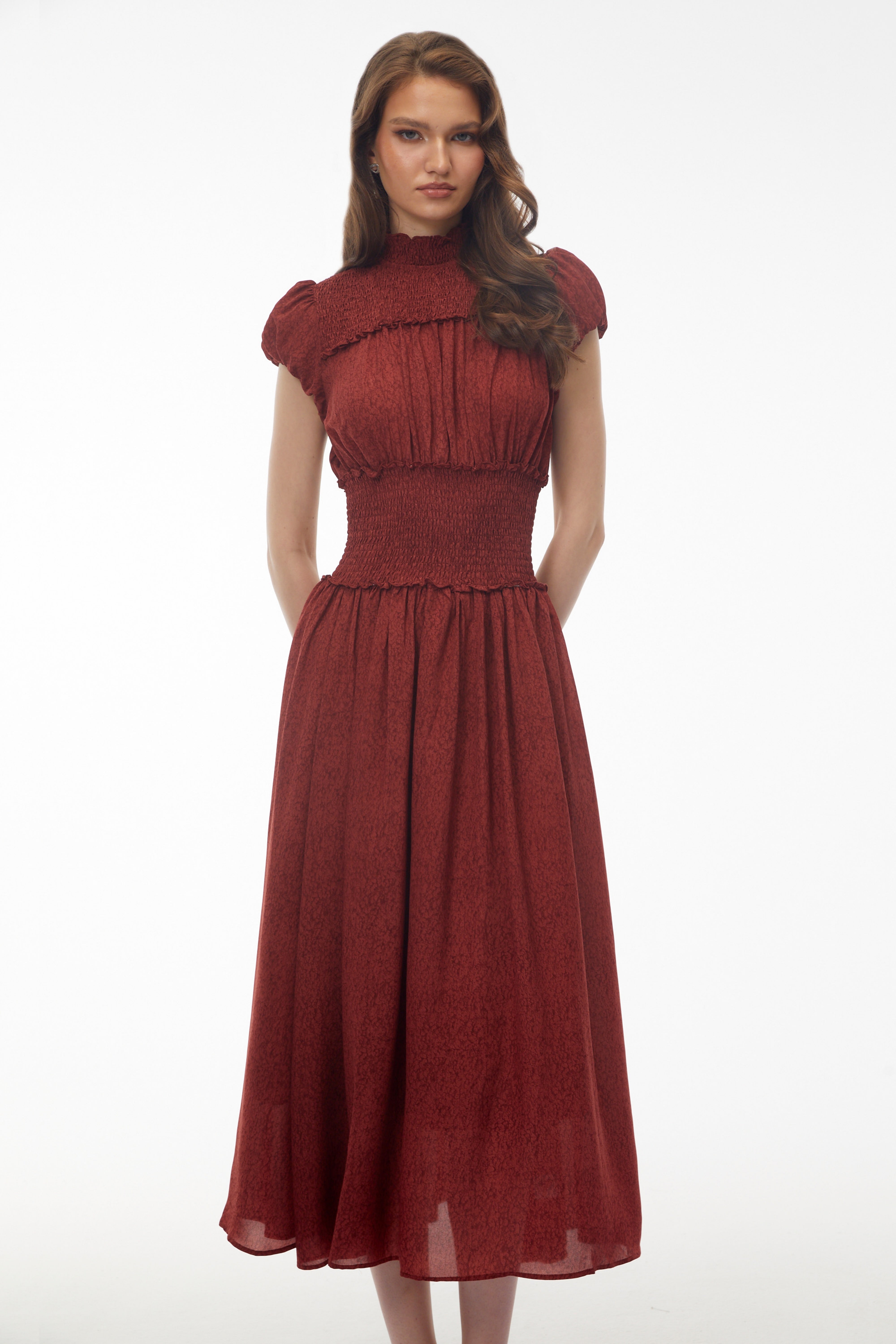 Fiorella Deep Red High Neck Pleated Midi Dress (Final Sale)