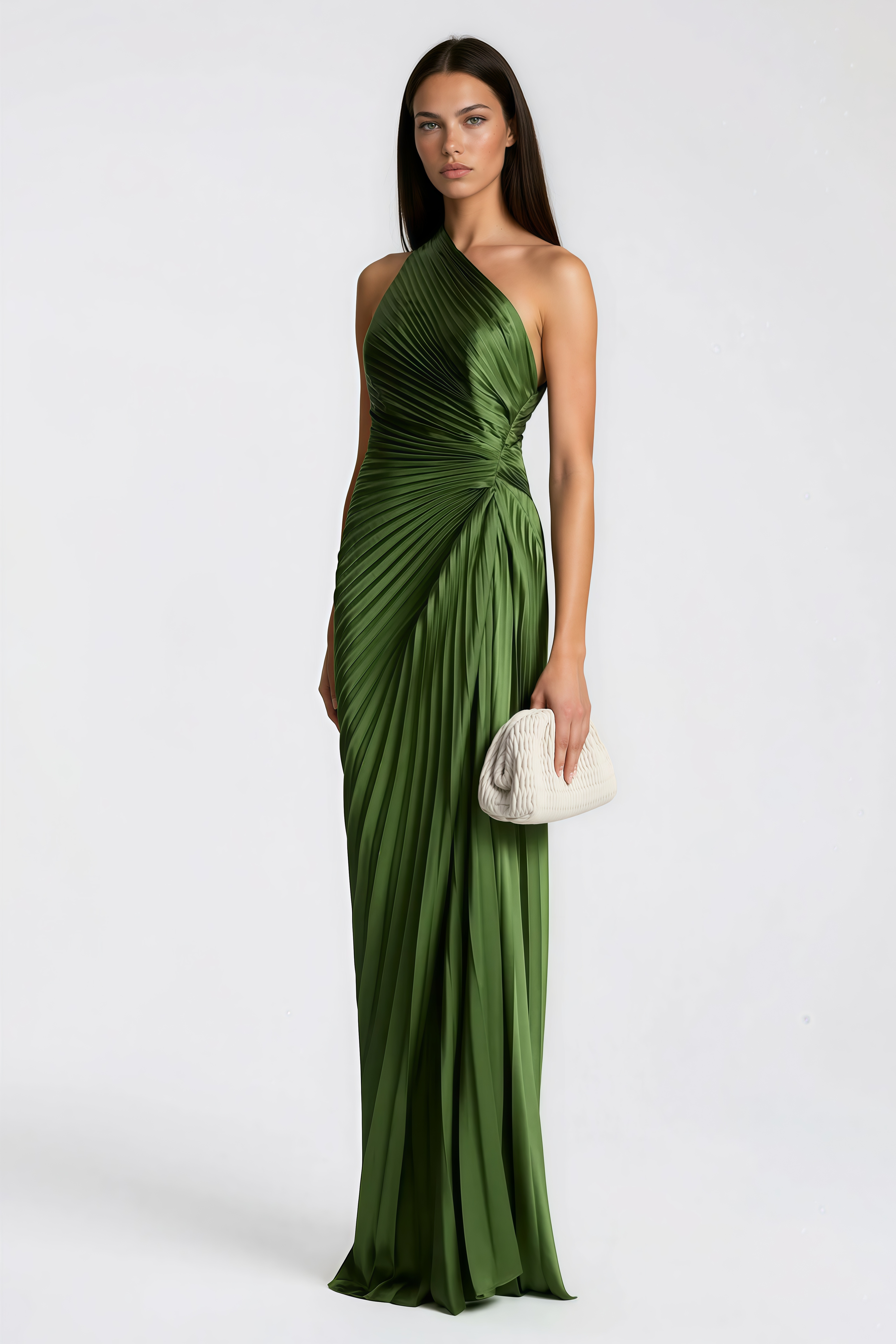 Olive green maxi dress with a pleated one-shoulder neckline and fully pleated draped skirt