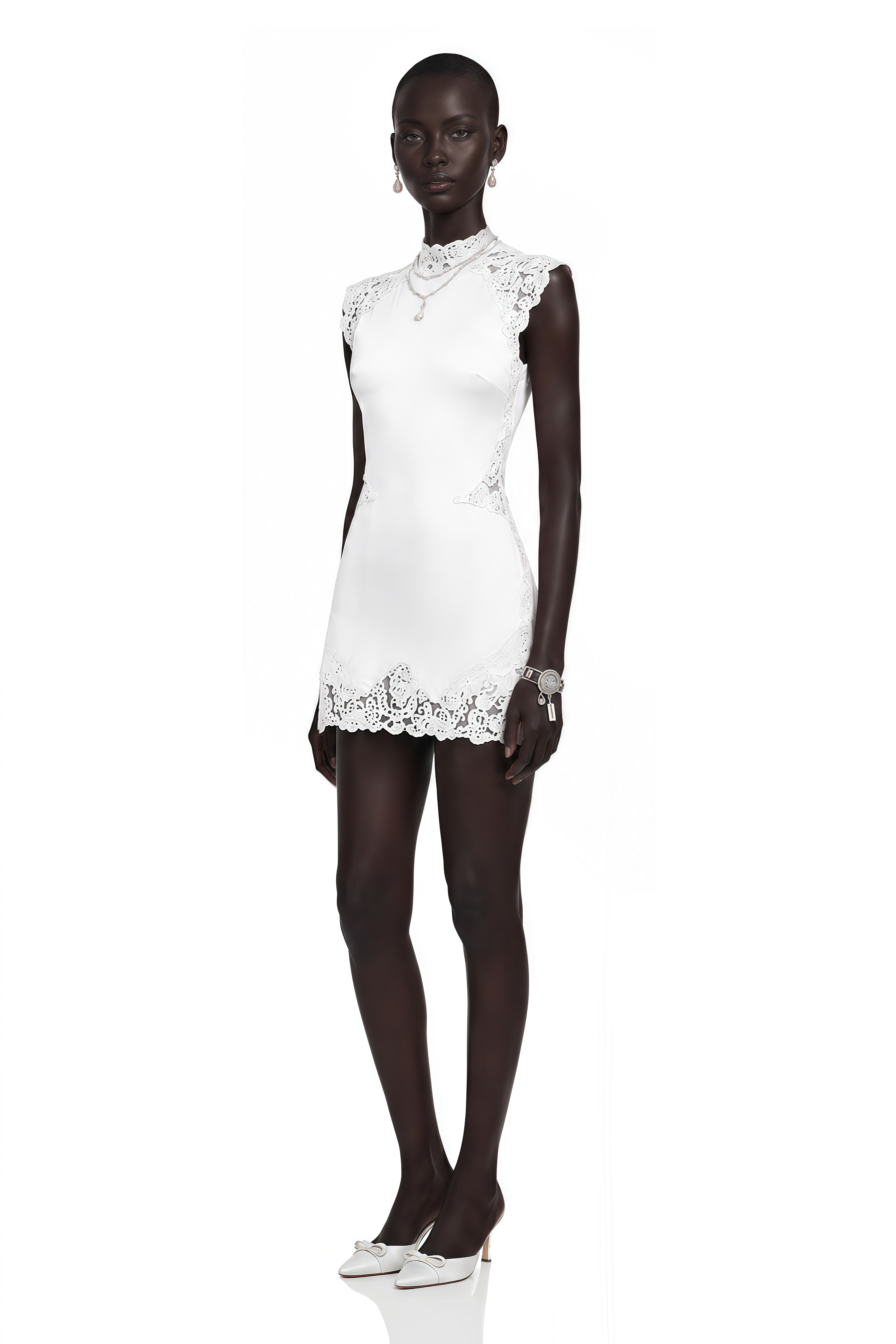 Flavie White Satin Mini Dress with Lace Trim