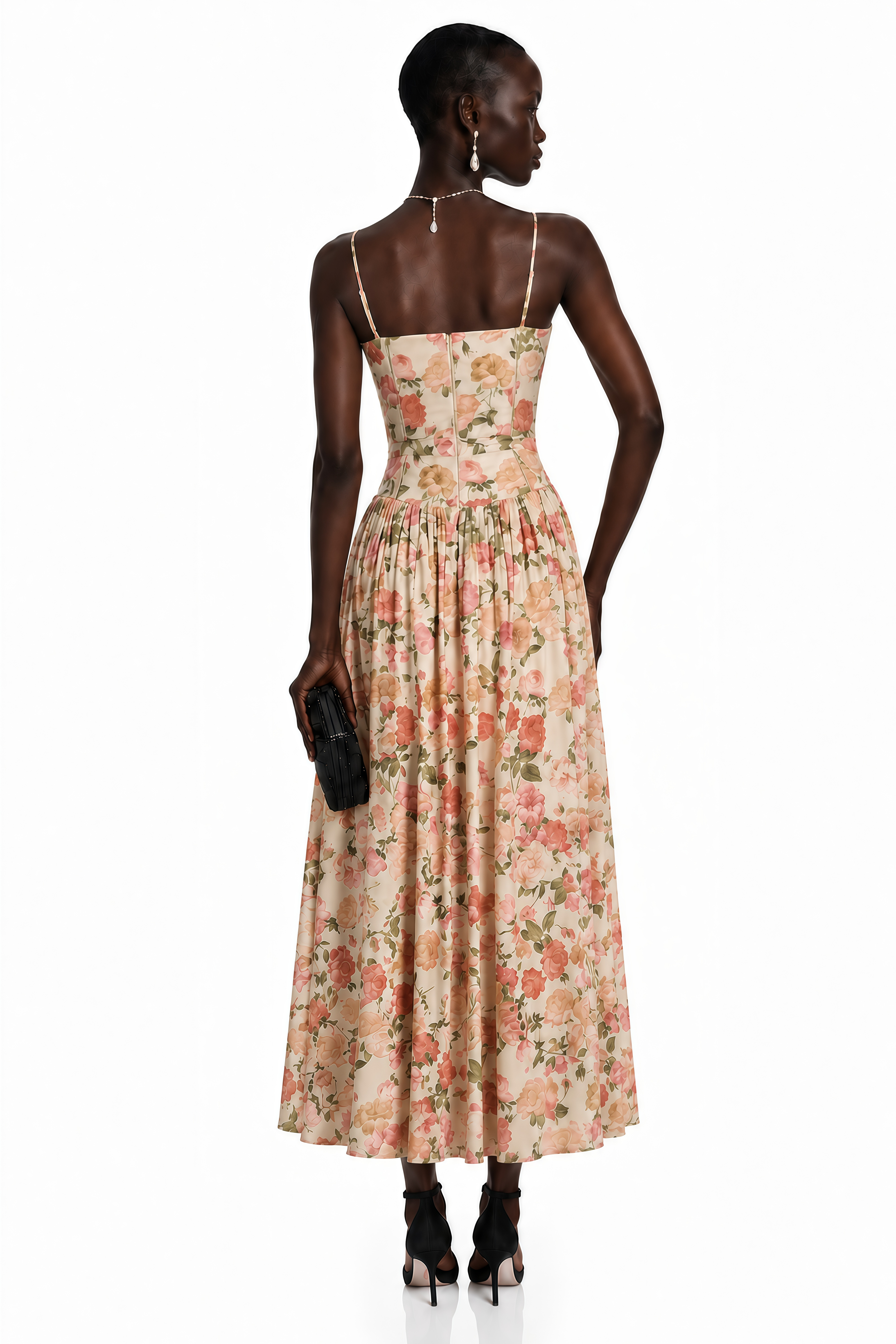 Floral midi dress with spaghetti straps, a structured corset bodice, and a gathered A-line skirt