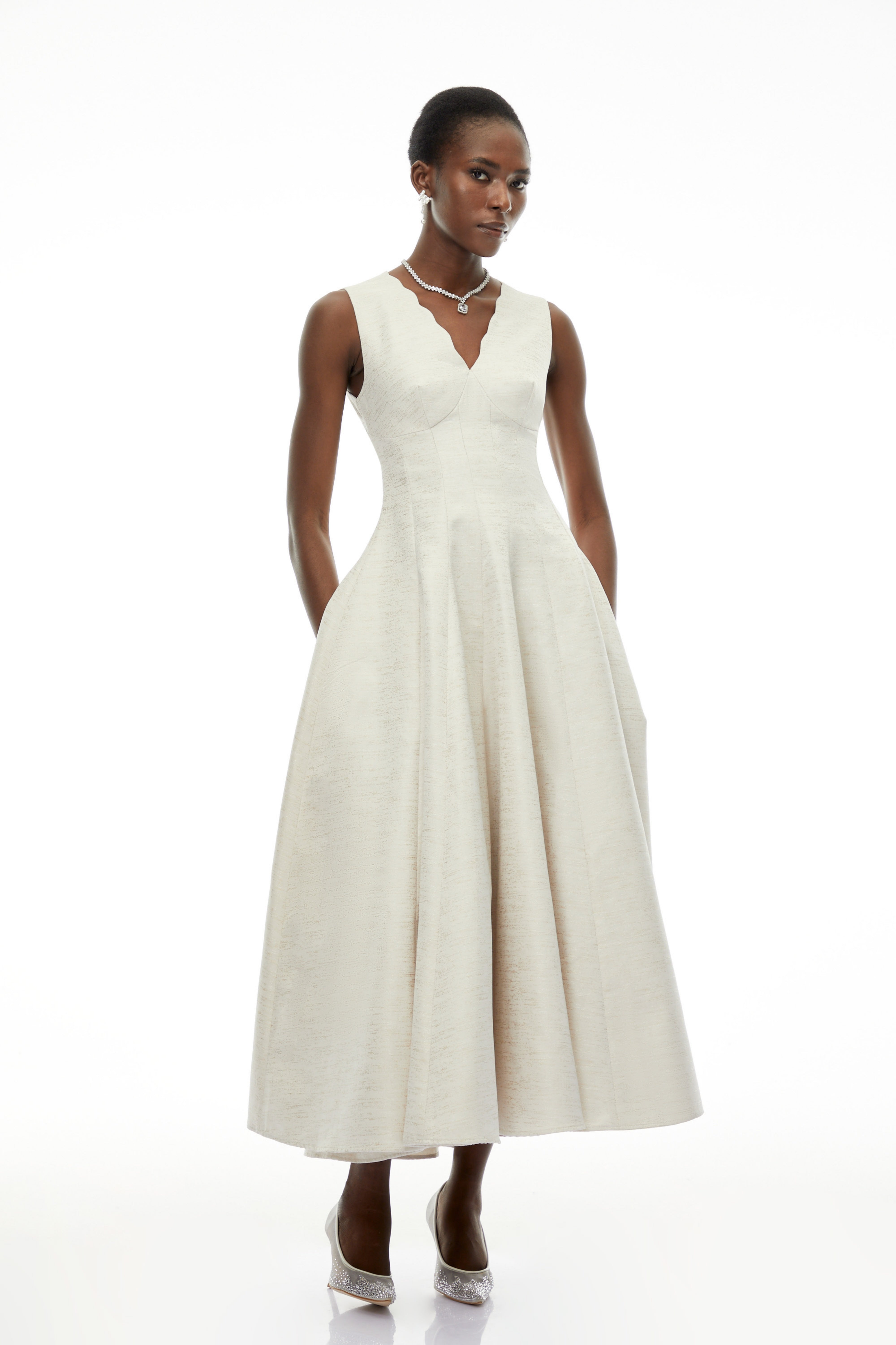 Florence Cream V-Neck Flared Satin Maxi Dress (Final Sale)