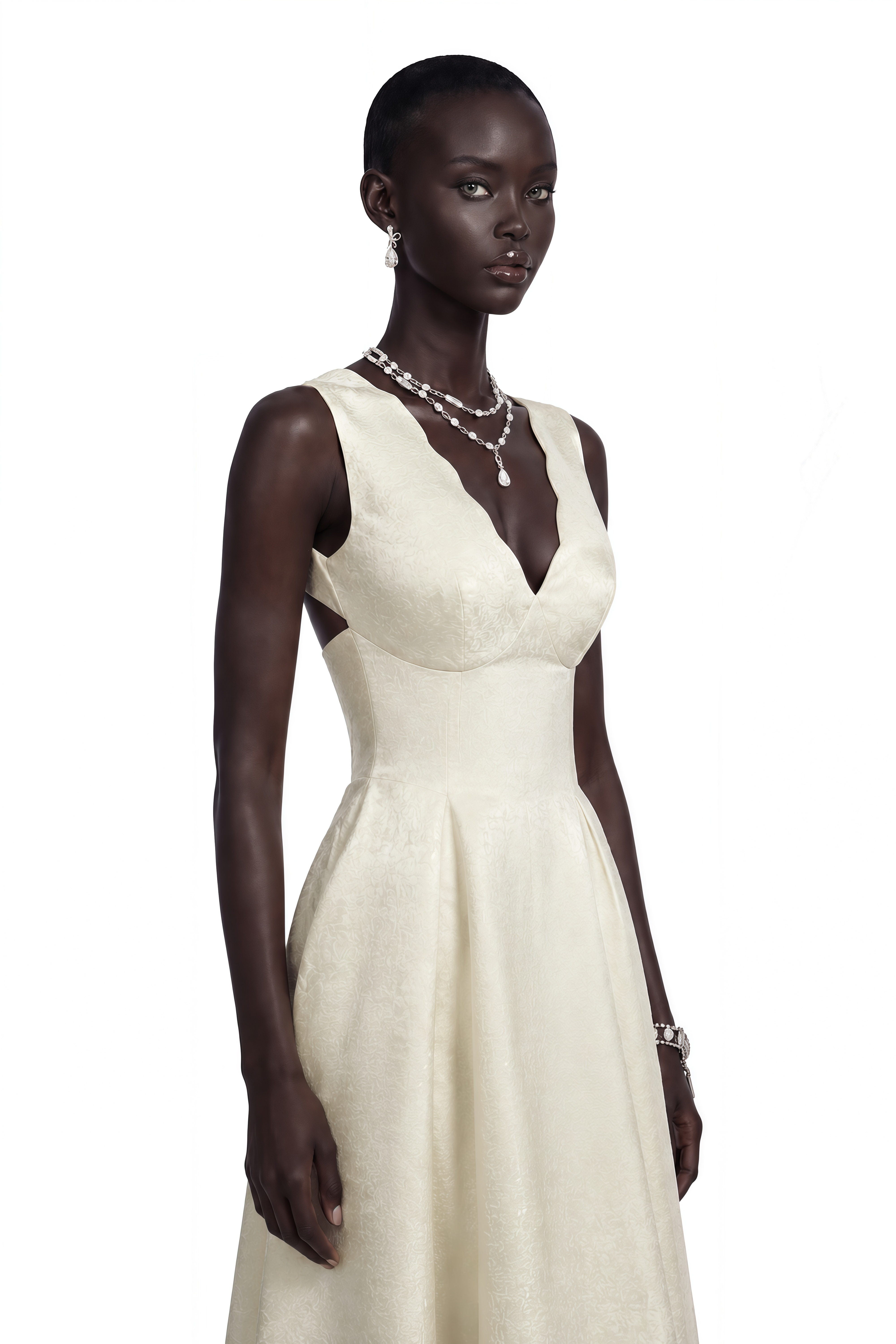 Florence Cream V-Neck Flared Satin Maxi Dress