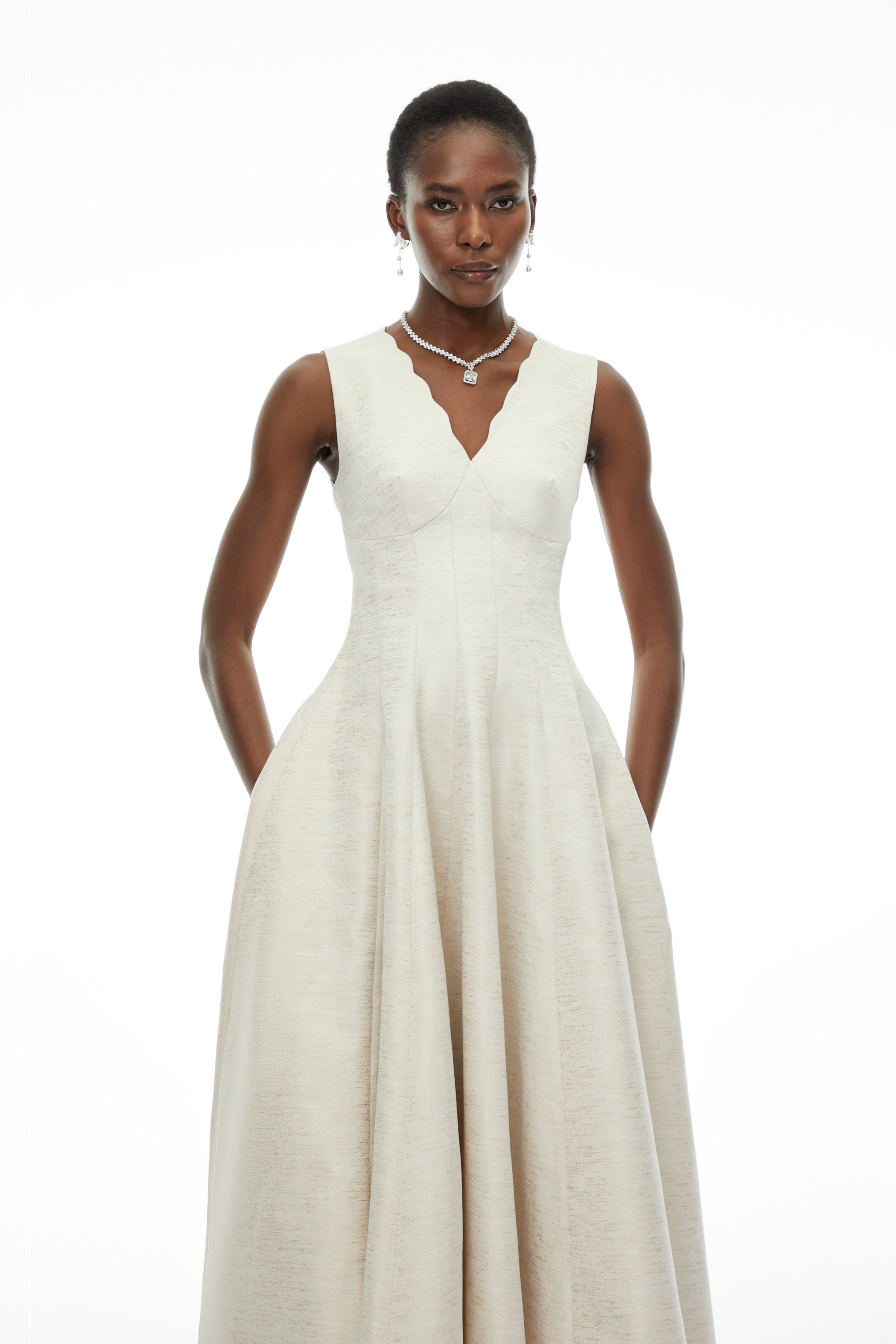 Florence Cream V-Neck Flared Satin Maxi Dress (Final Sale)