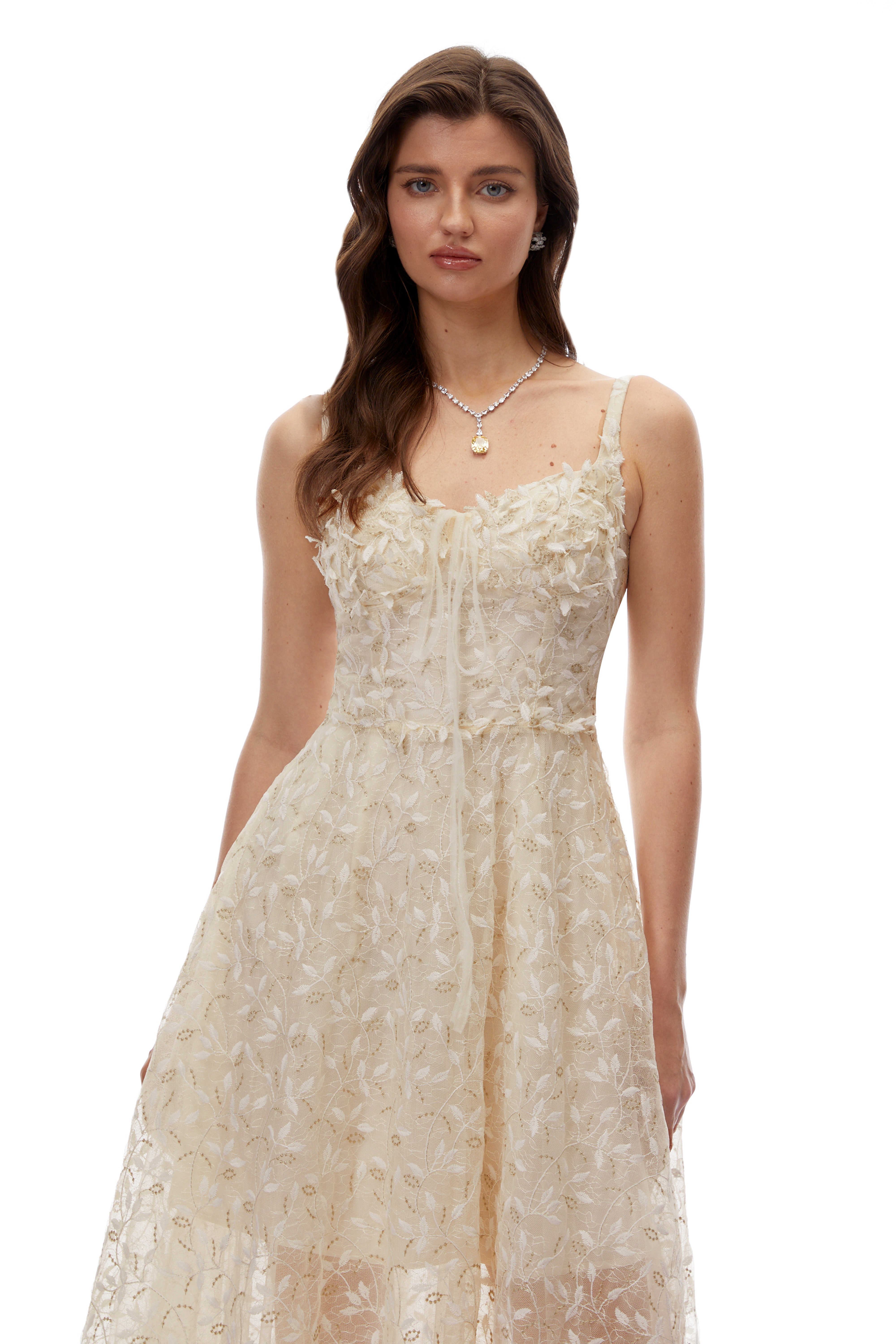 Cream embroidered A-line midi dress with 3D floral details at the neckline