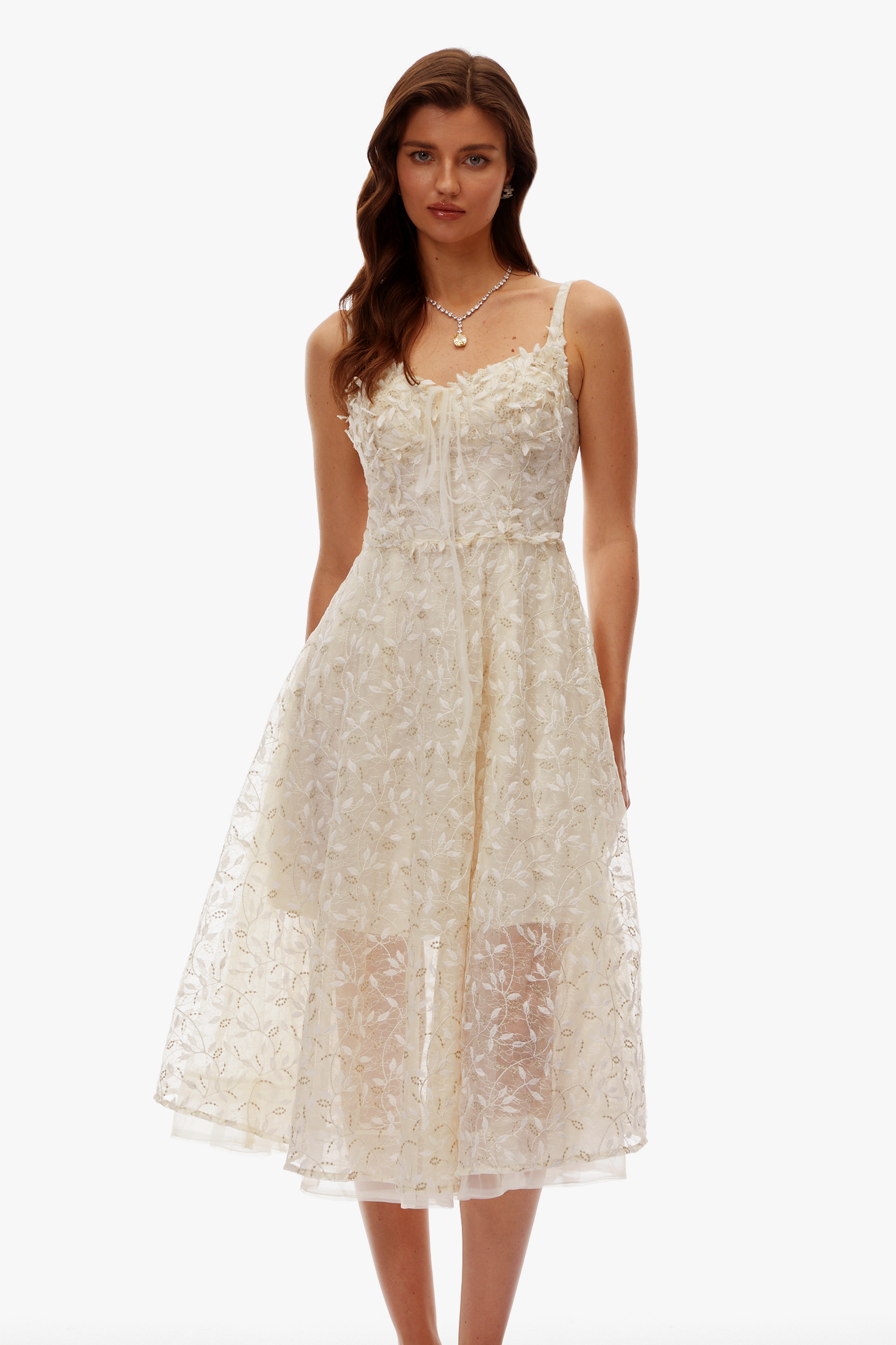 Cream embroidered A-line midi dress with 3D floral details at the neckline