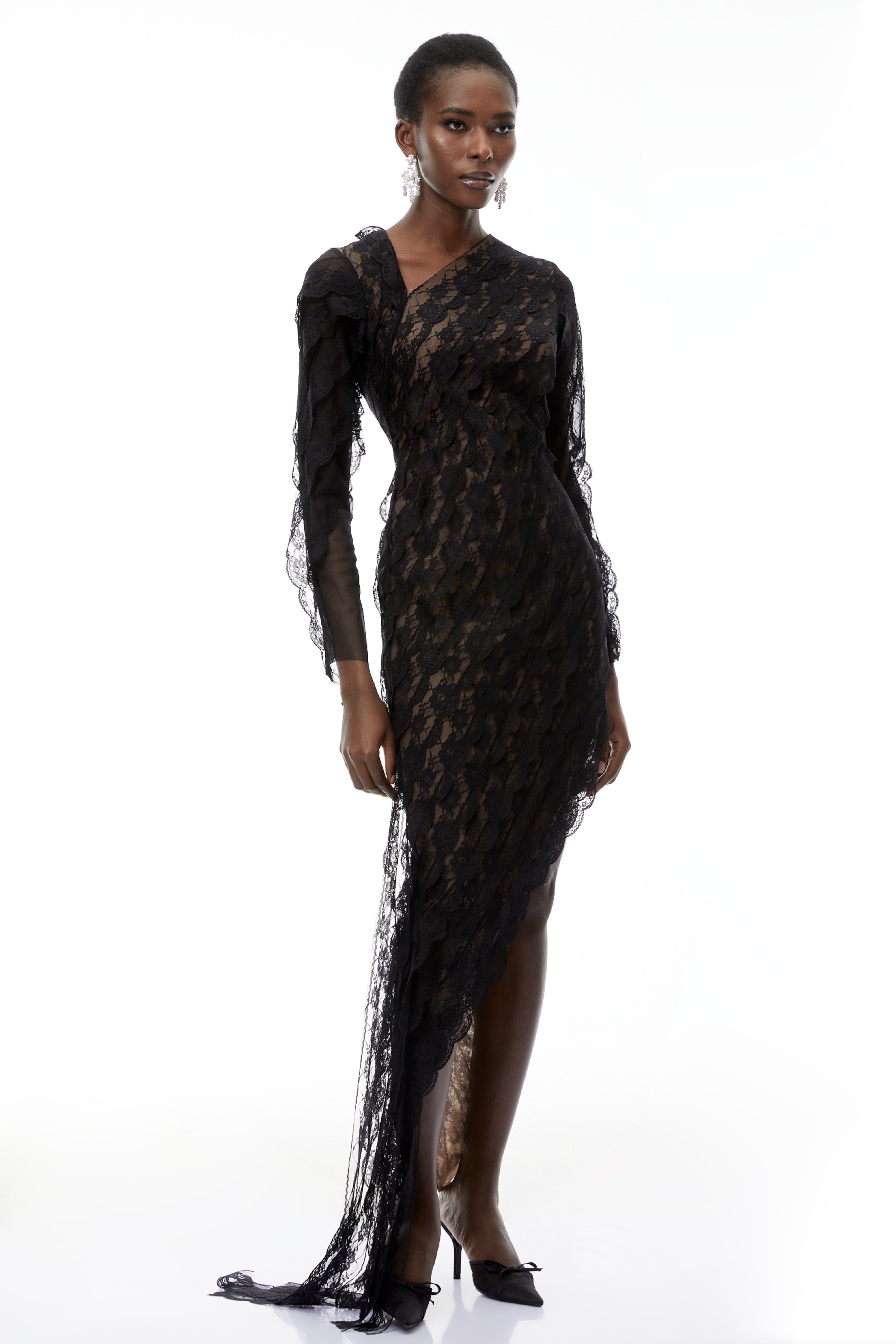 Gemma Black Floral Lace Asymmetrical Maxi Dress (Final Sale)