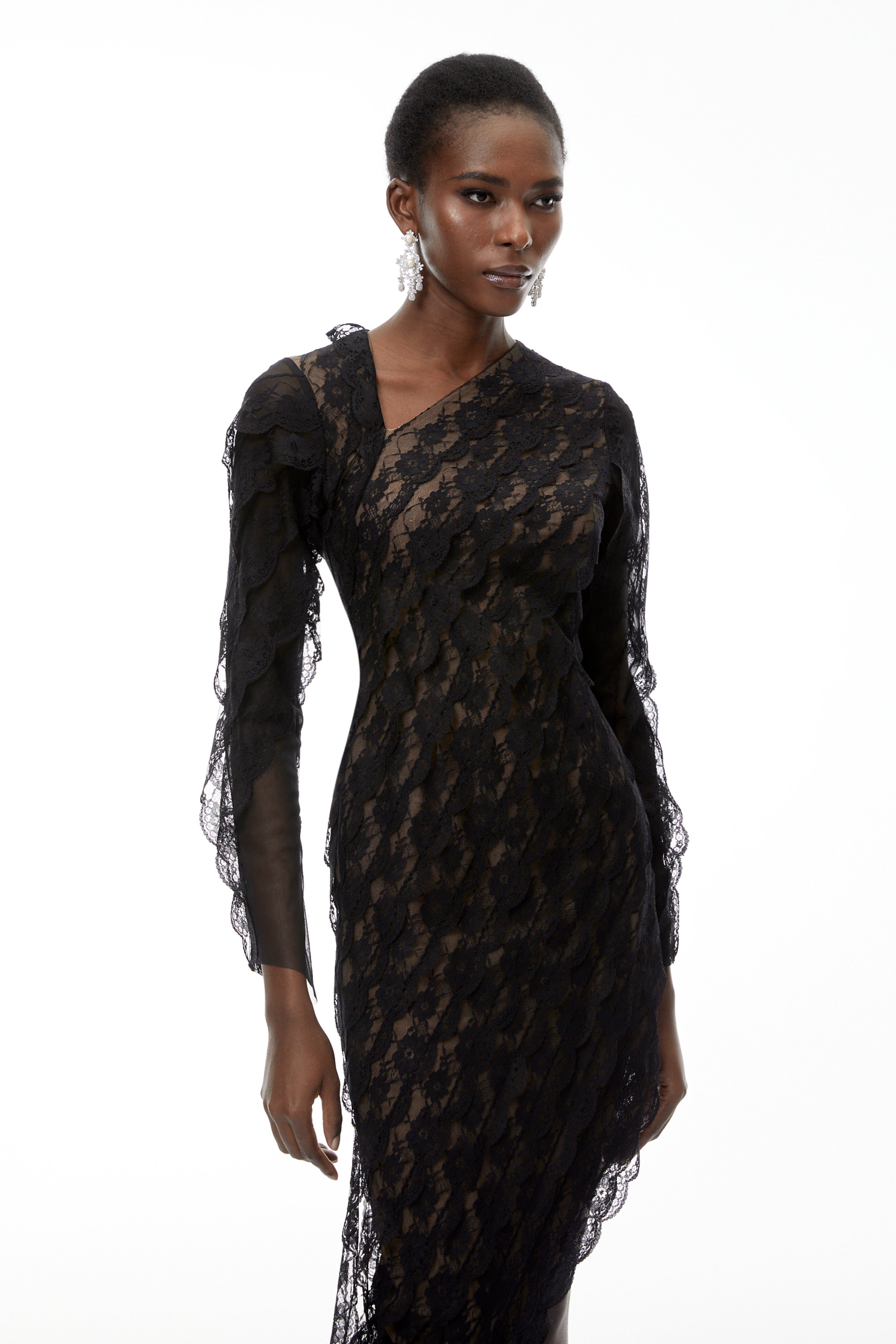 Gemma Black Floral Lace Asymmetrical Maxi Dress (Final Sale)