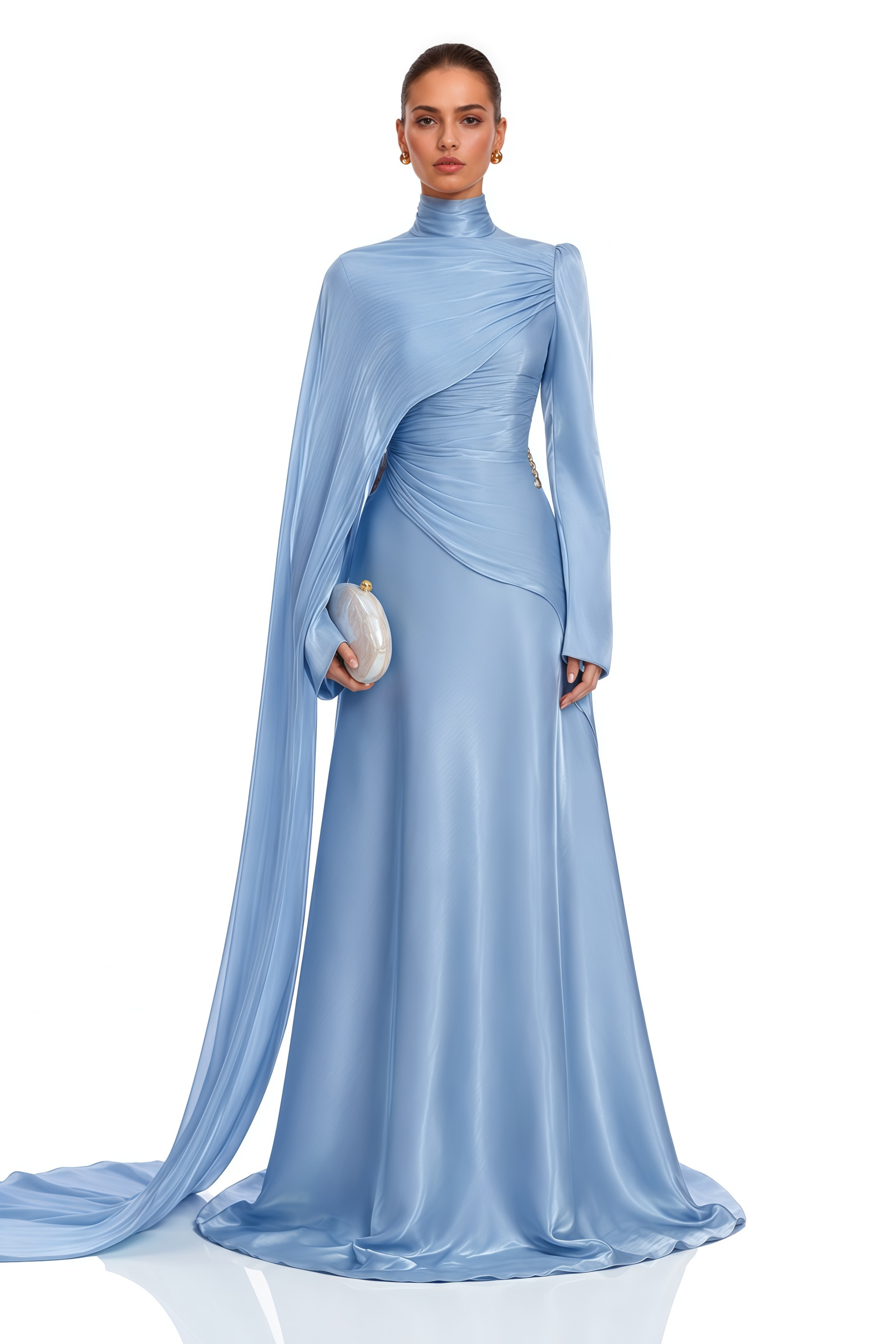Genevieve Blue Ruched Maxi Dress with Cape