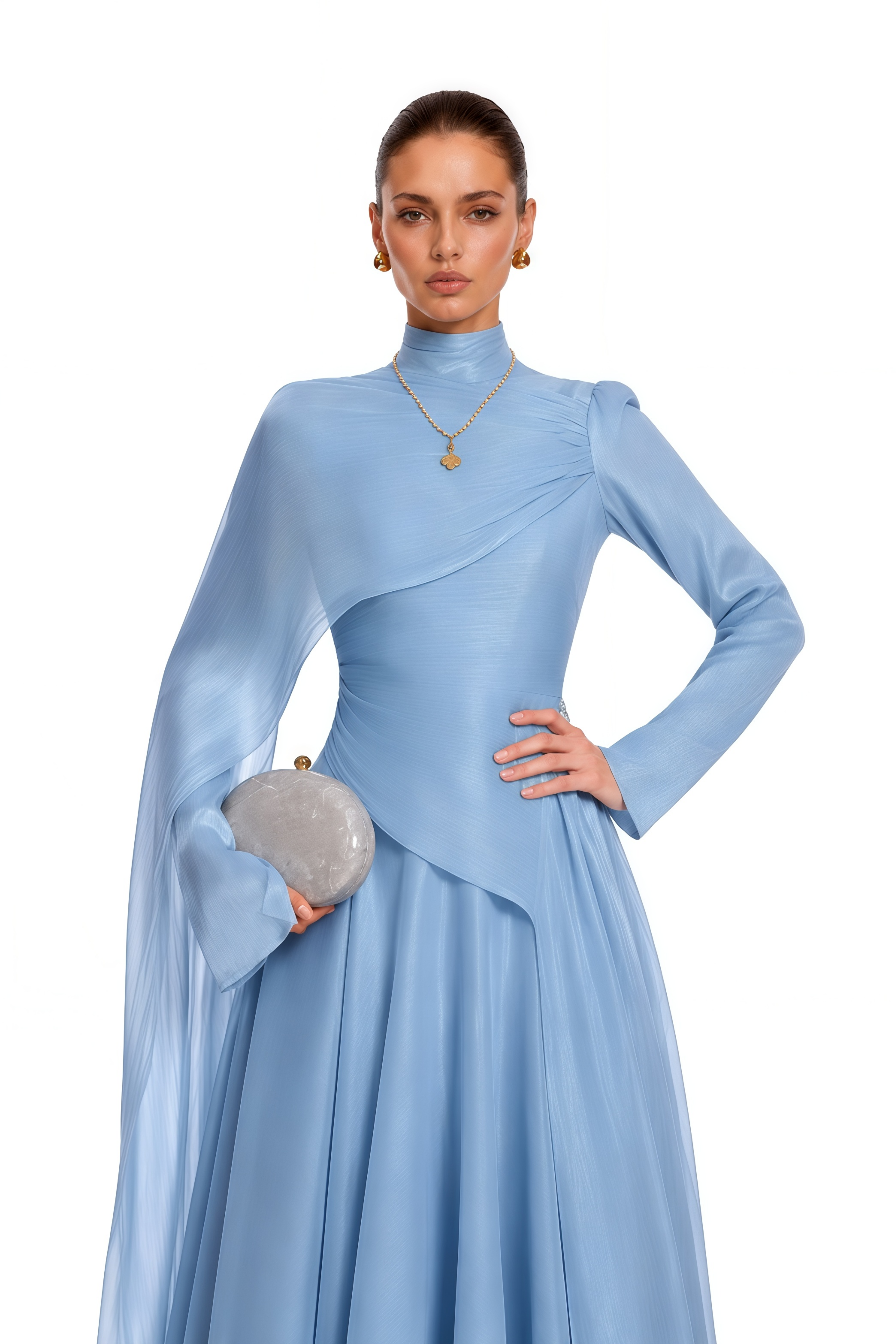 Genevieve Blue Ruched Maxi Dress with Cape
