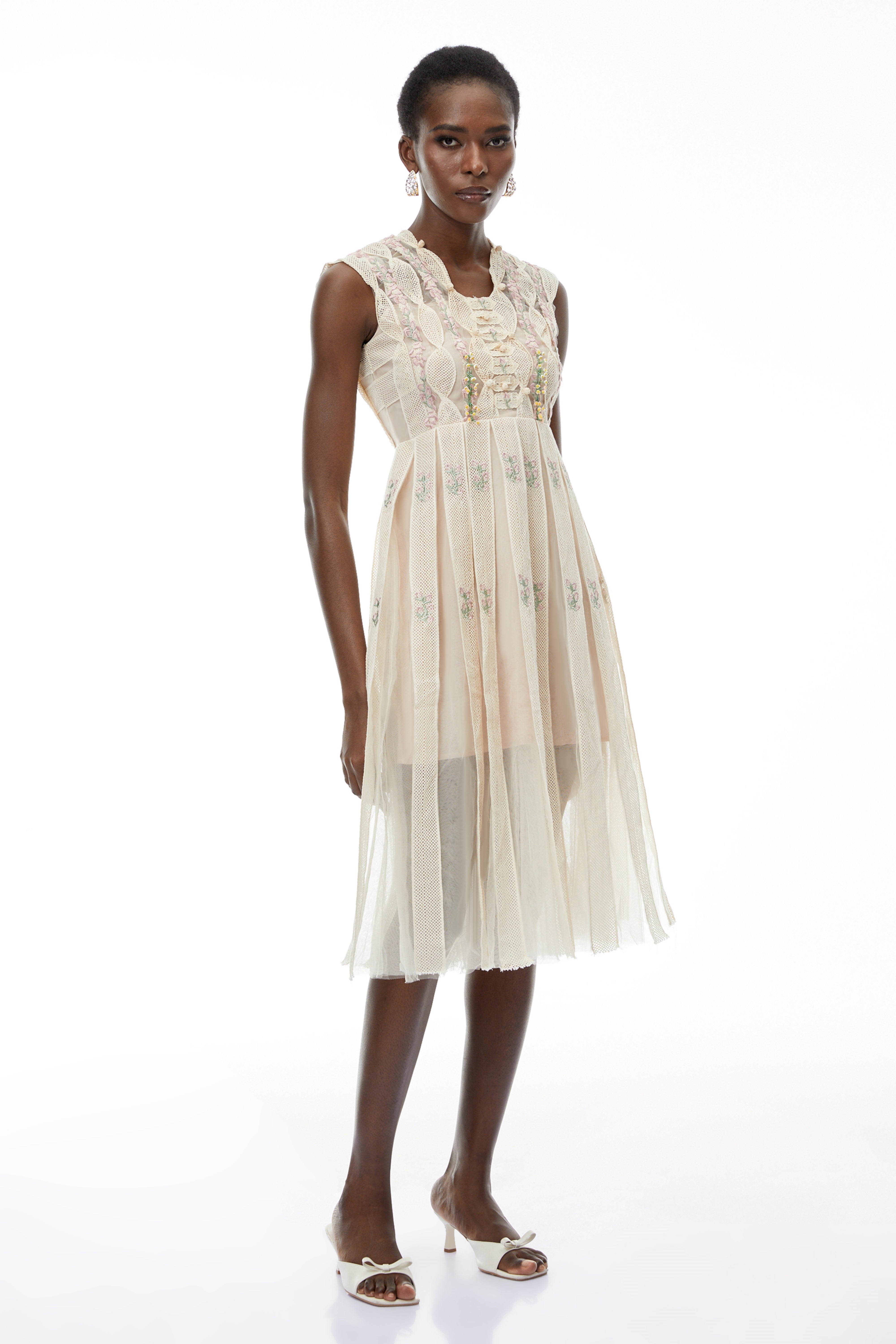 Georgette White Floral Embroidered Pleated Midi Dress (Final Sale)