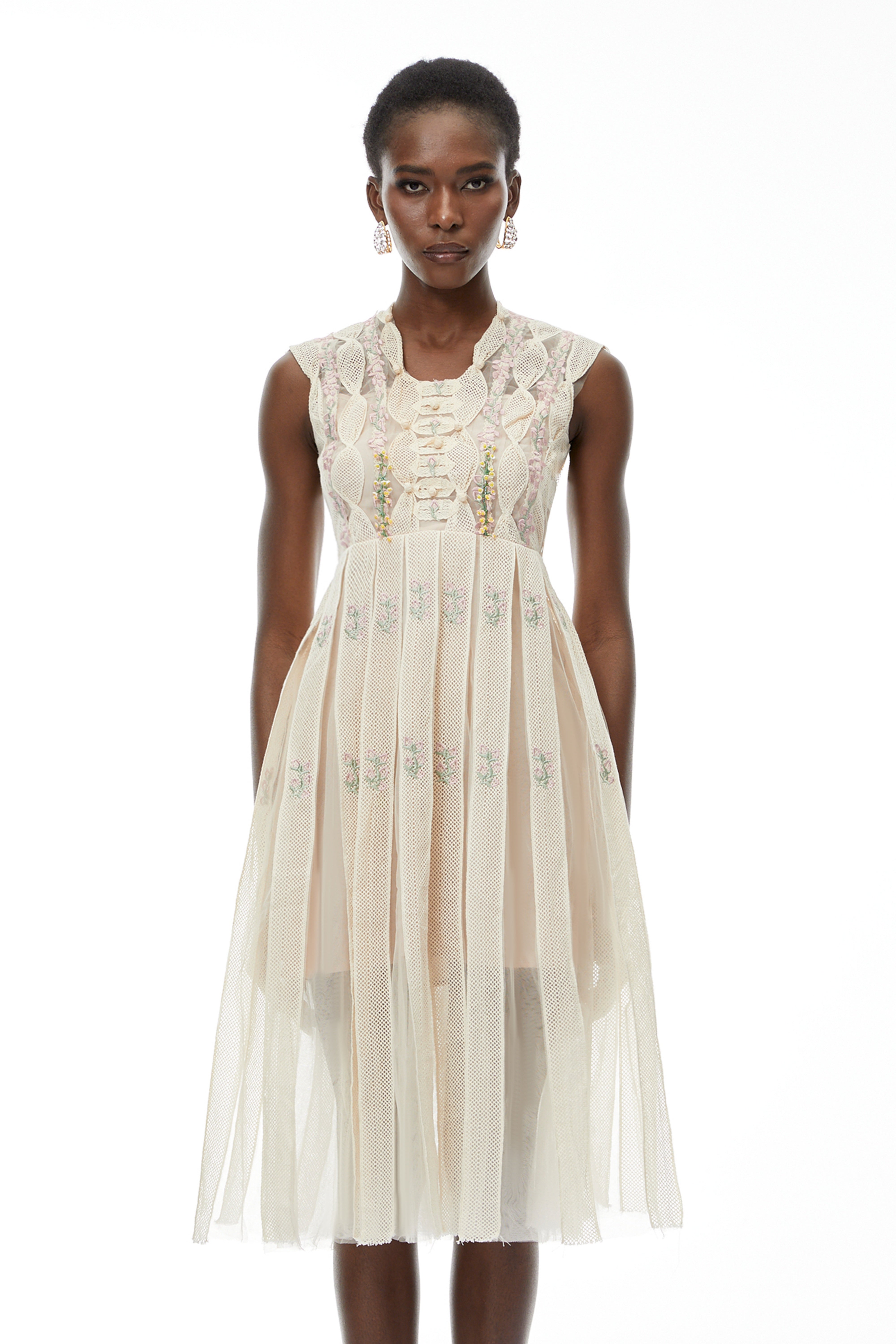 Georgette White Floral Embroidered Pleated Midi Dress (Final Sale)