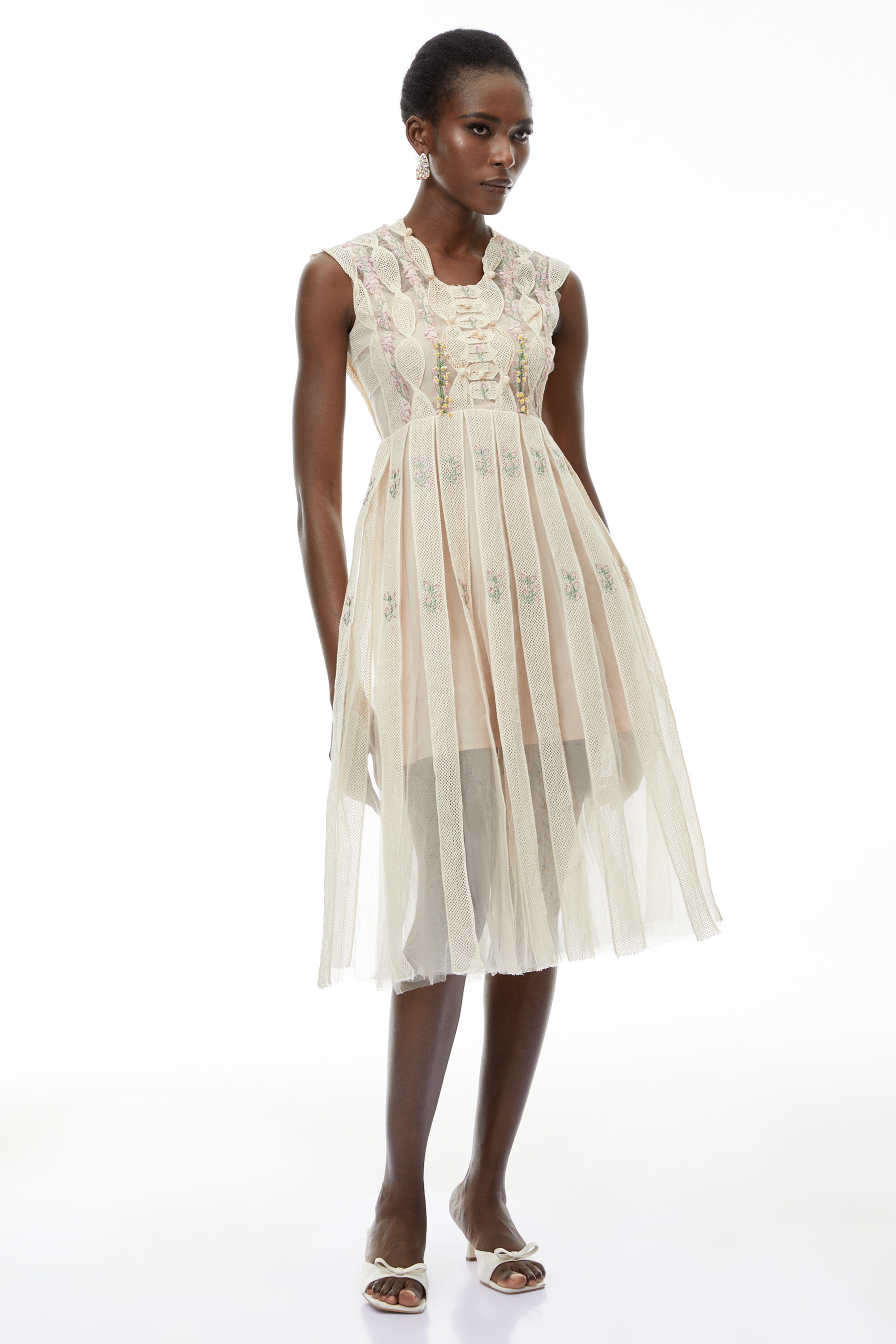 Georgette White Floral Embroidered Pleated Midi Dress (Final Sale)