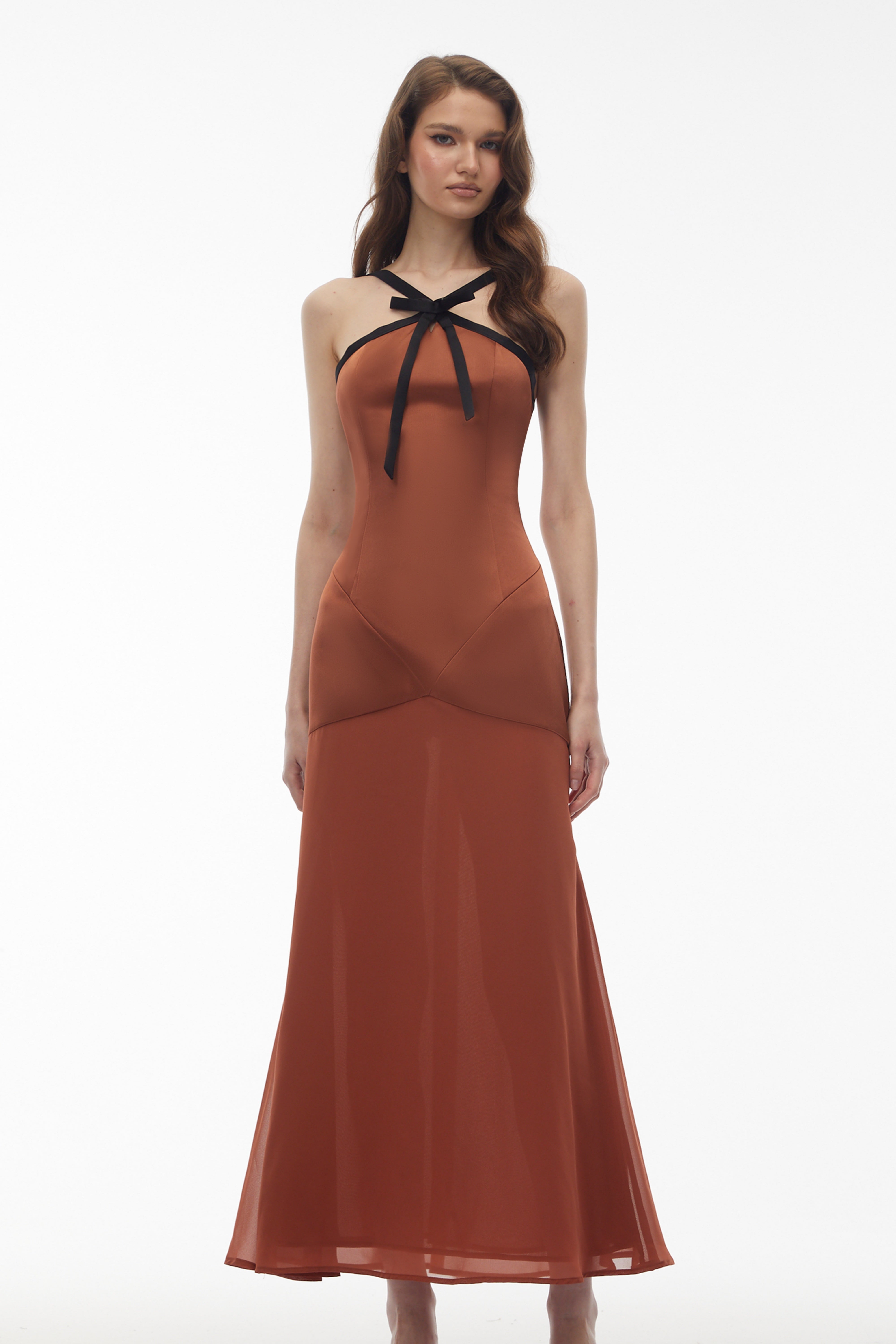 Ginevra Brown Halterneck Maxi Dress with Bow (Final Sale-US Only)