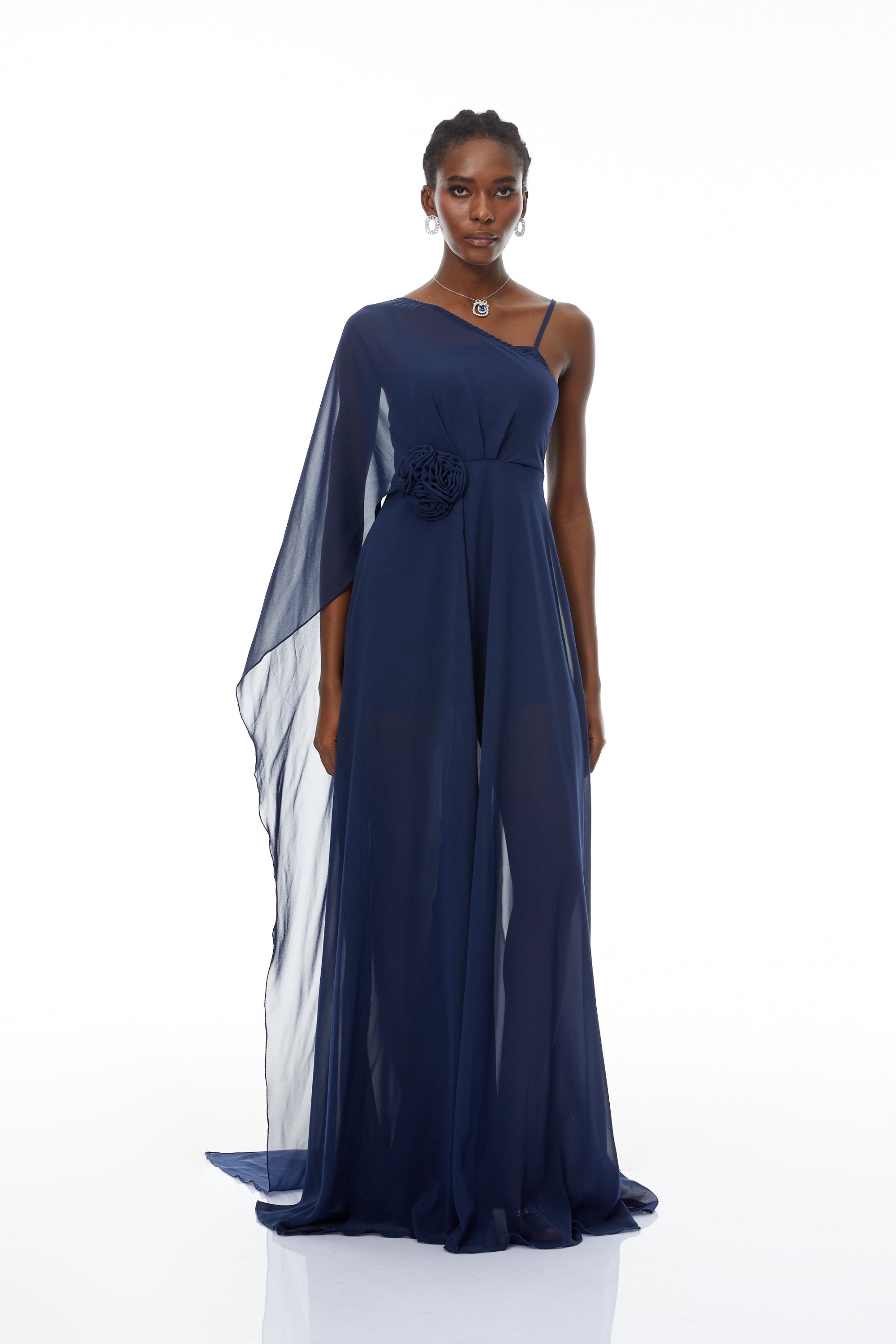 Ginevra Navy One Shoulder Cape Maxi Gown (Final Sale)