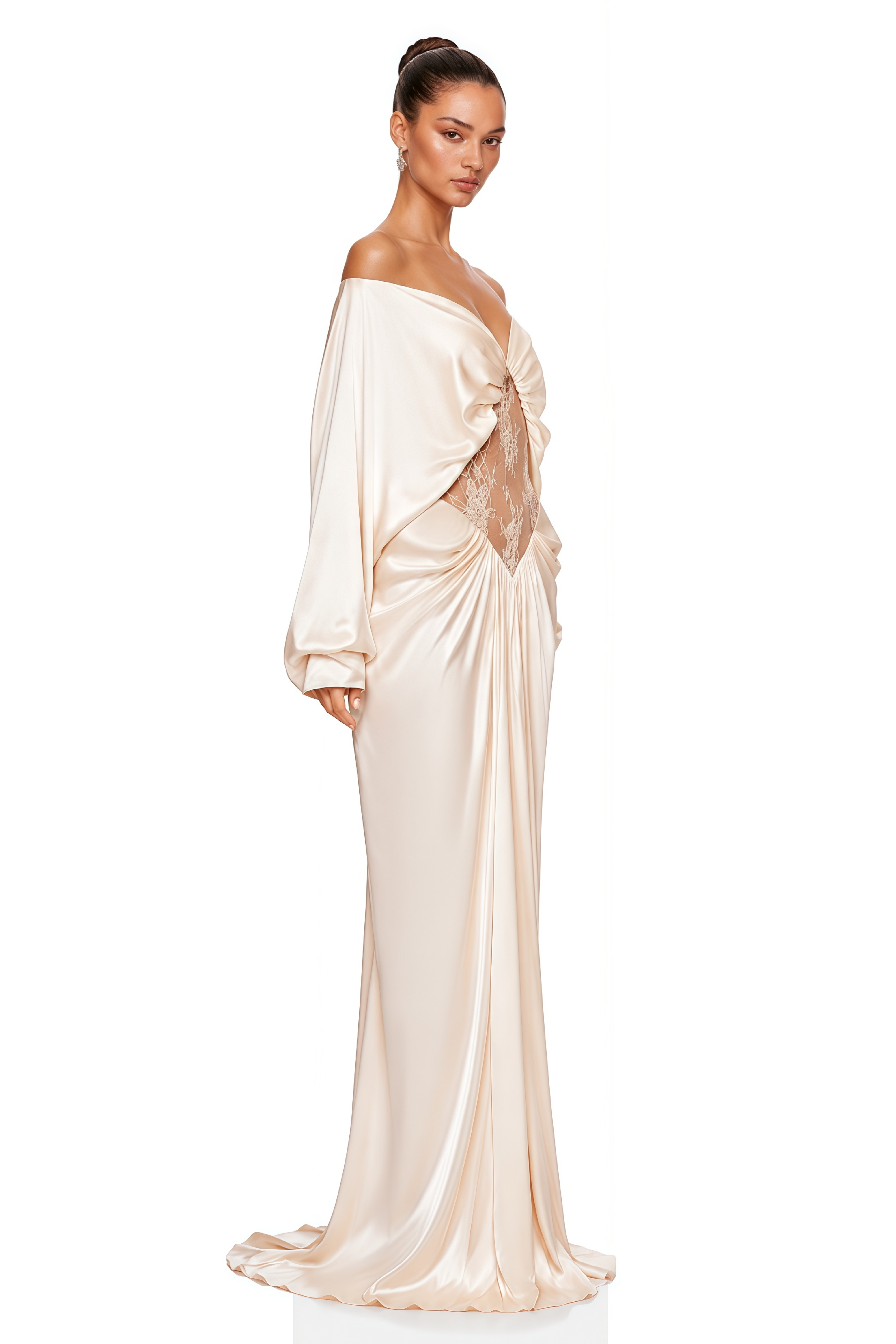 Gioconda White Off Shoulder Maxi Dress with Lace Panels