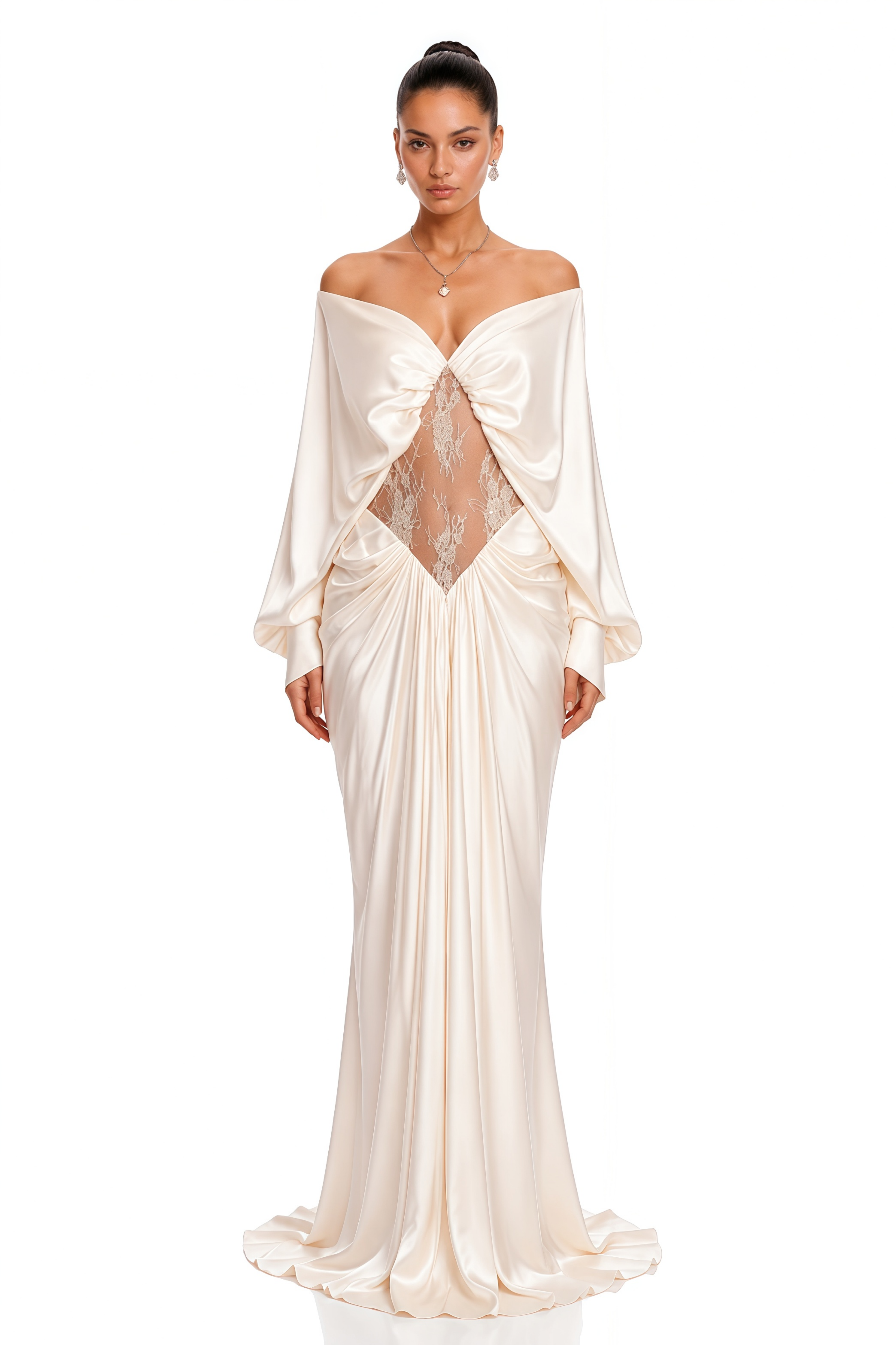 Gioconda White Off Shoulder Maxi Dress with Lace Panels