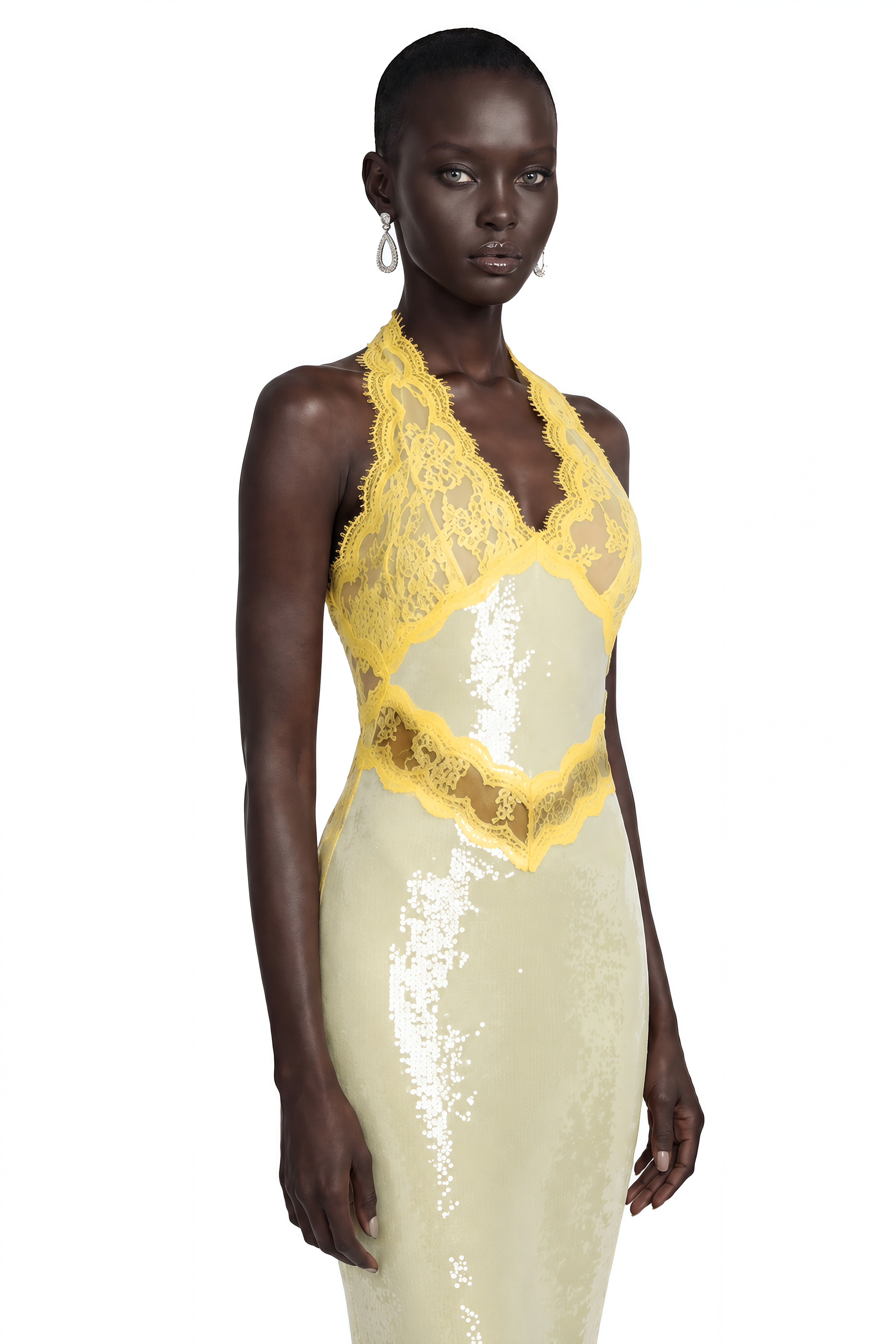 Yellow sequin halter dress with bright yellow lace trim