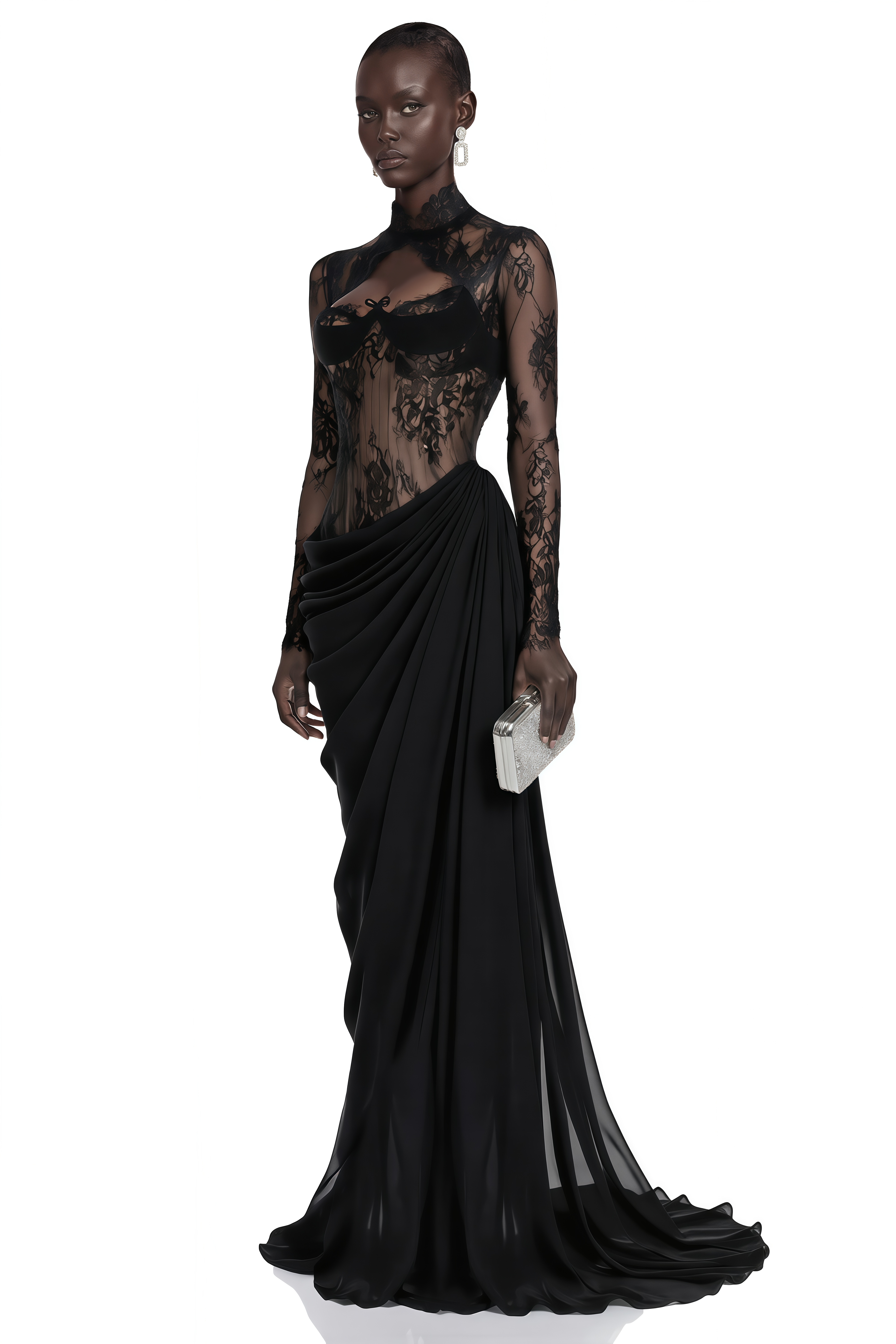 Black long-sleeve maxi dress with a sheer lace bodice and a draped skirt