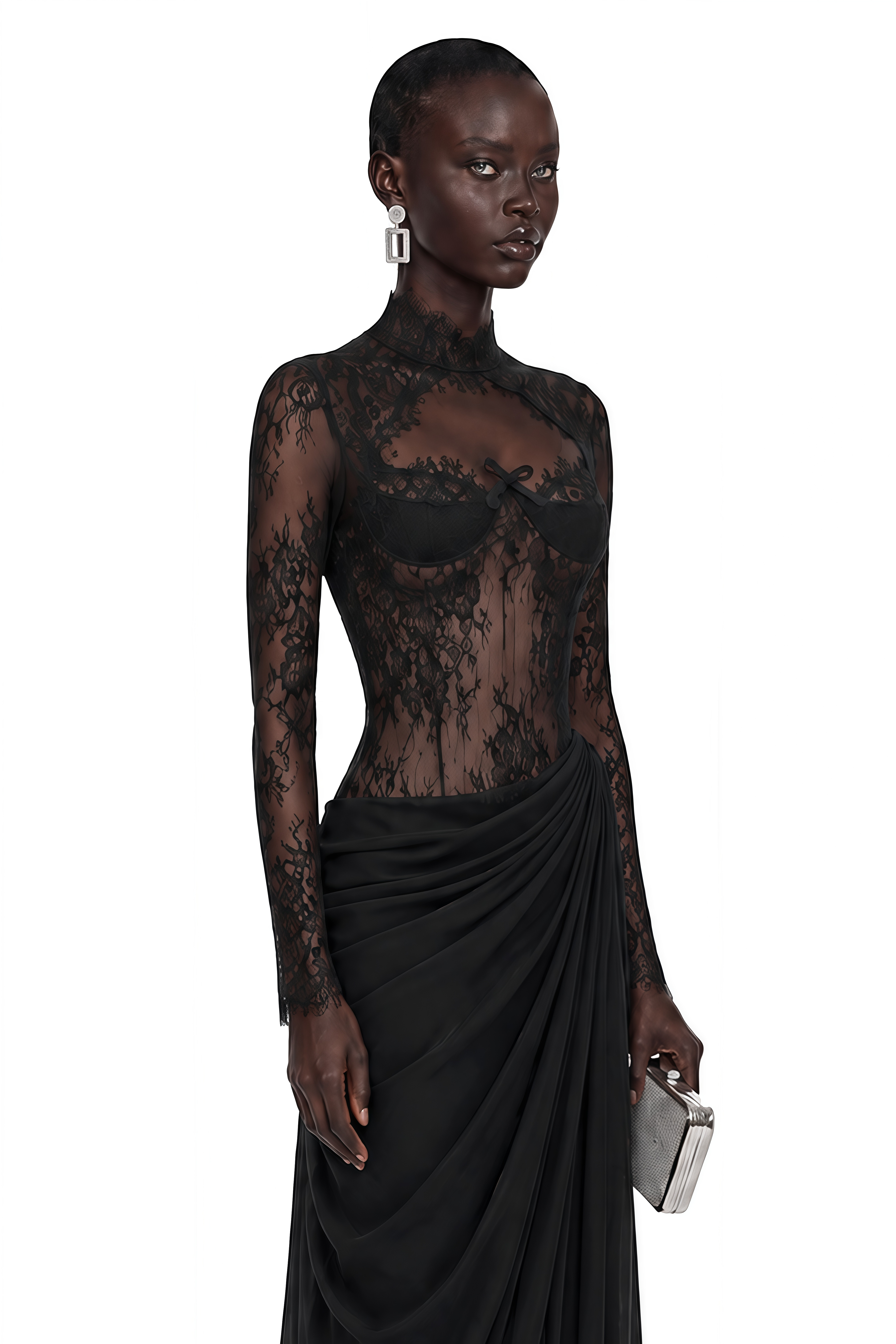 Black long-sleeve maxi dress with a sheer lace bodice and a draped skirt