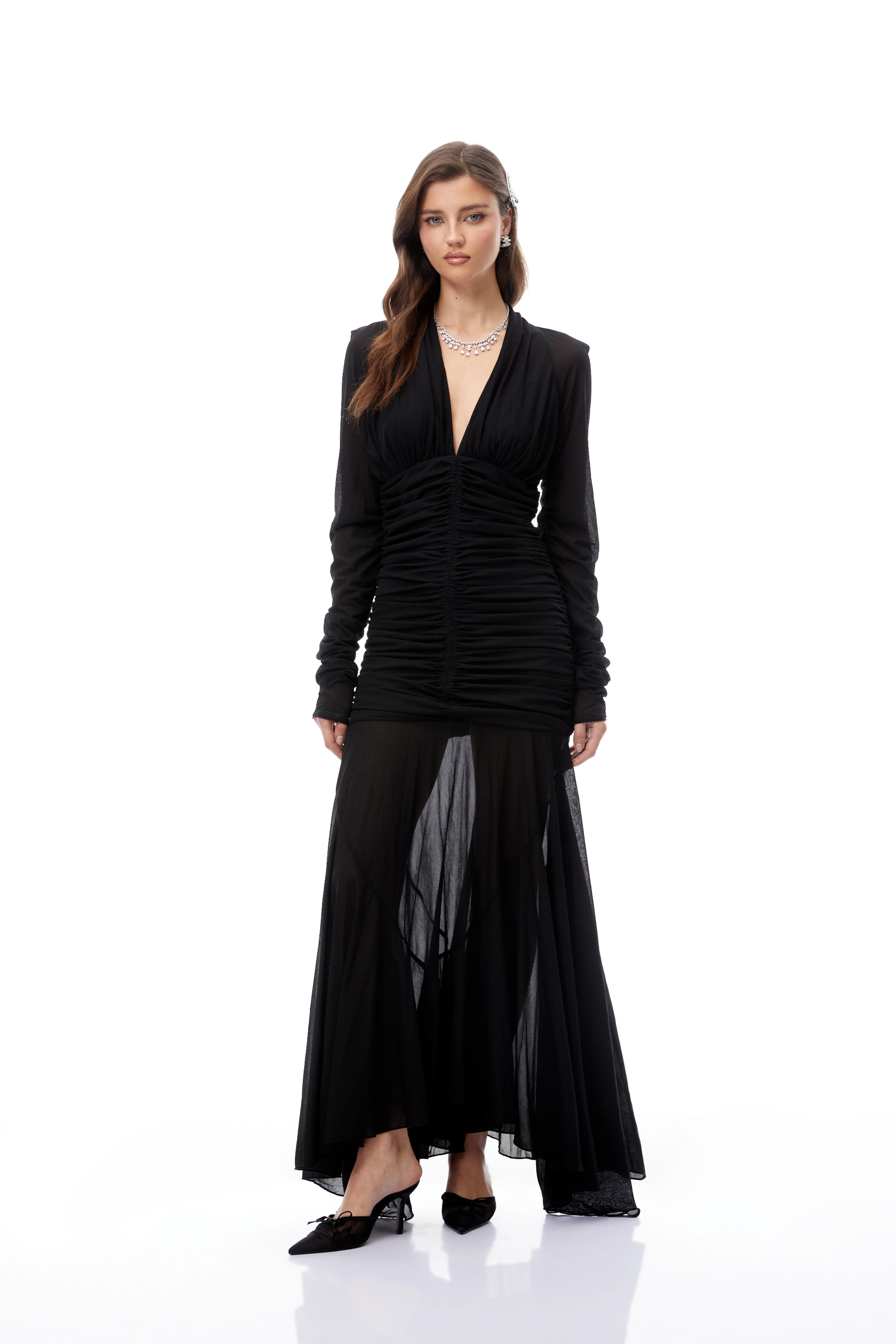 Greta Black Ruched Sheer Mesh Maxi Dress (Final Sale-US Only)