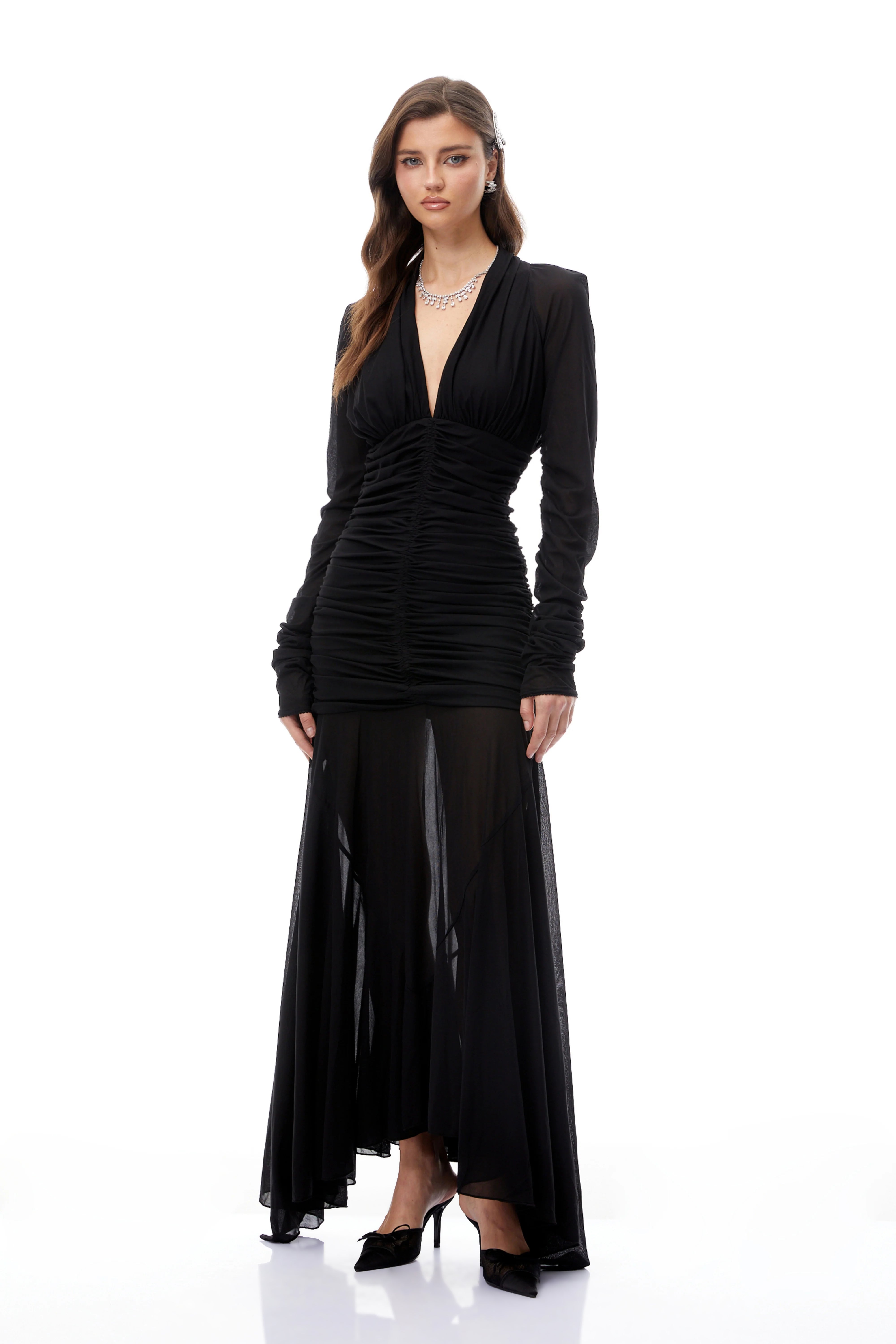 Greta Black Ruched Sheer Mesh Maxi Dress (Final Sale-US Only)
