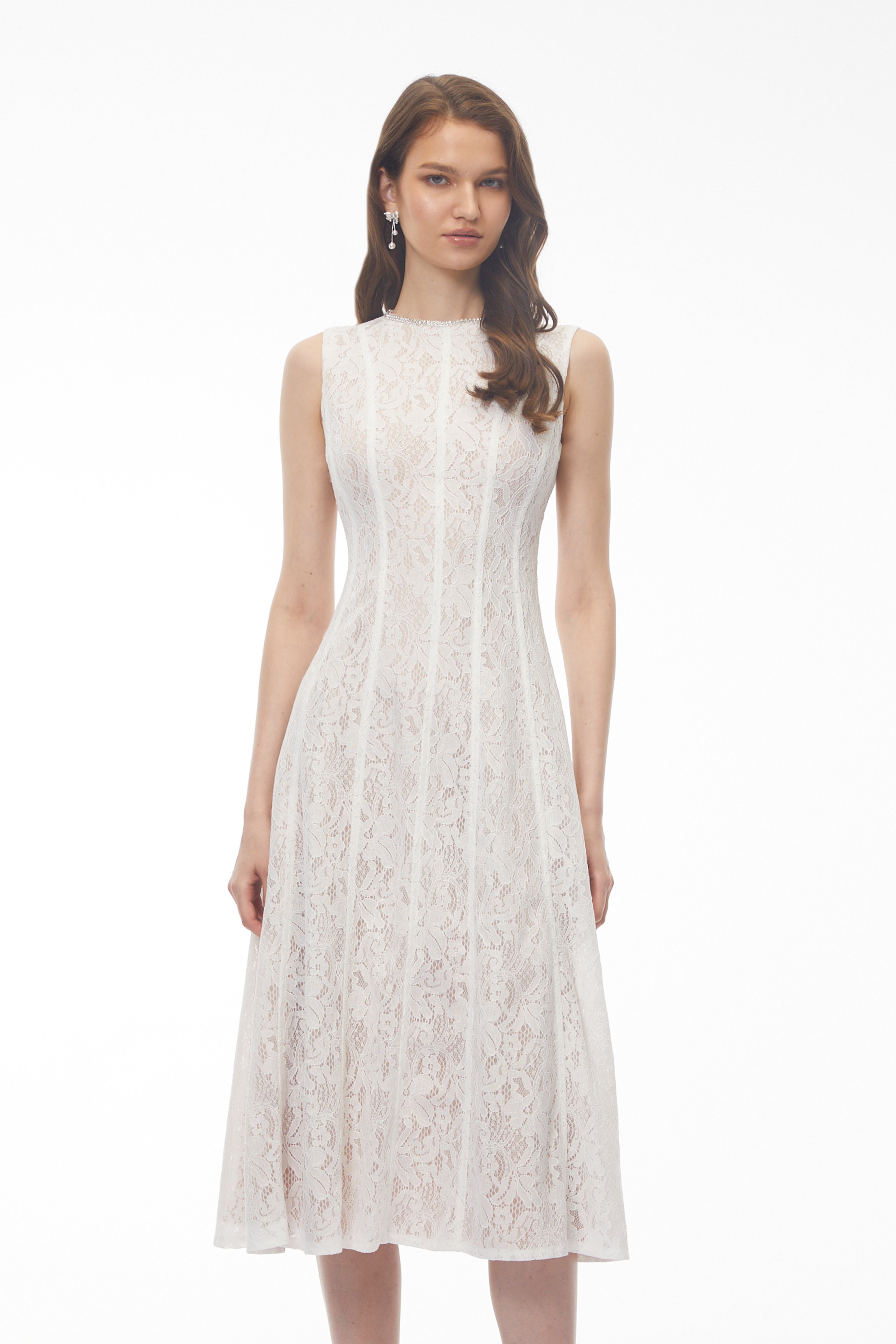 Guinevere White Sleeveless Floral Lace Midi Dress (Final Sale)