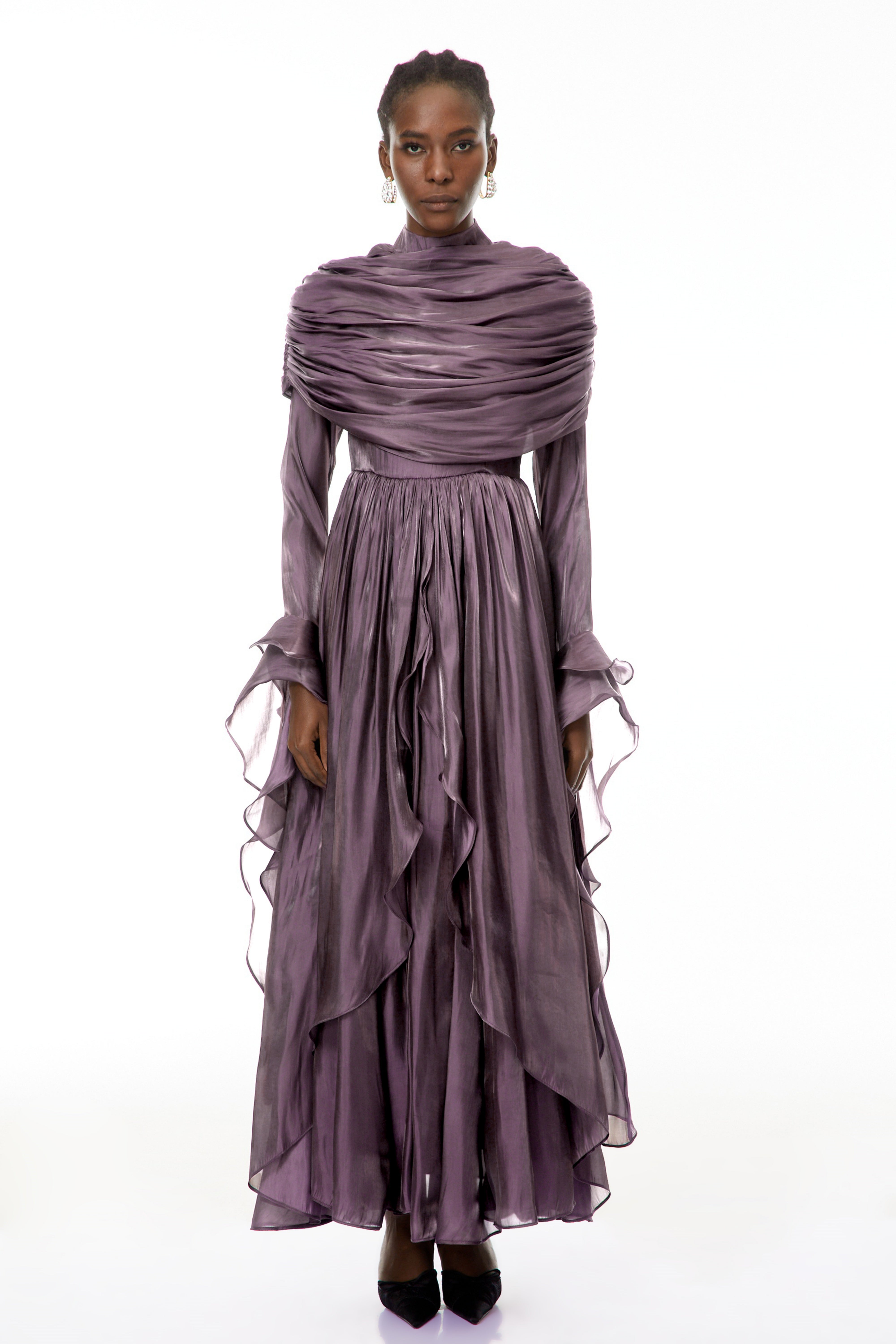 Gustave Purple Ruched Cape Ruffled Maxi Dress (Final Sale-US Only)