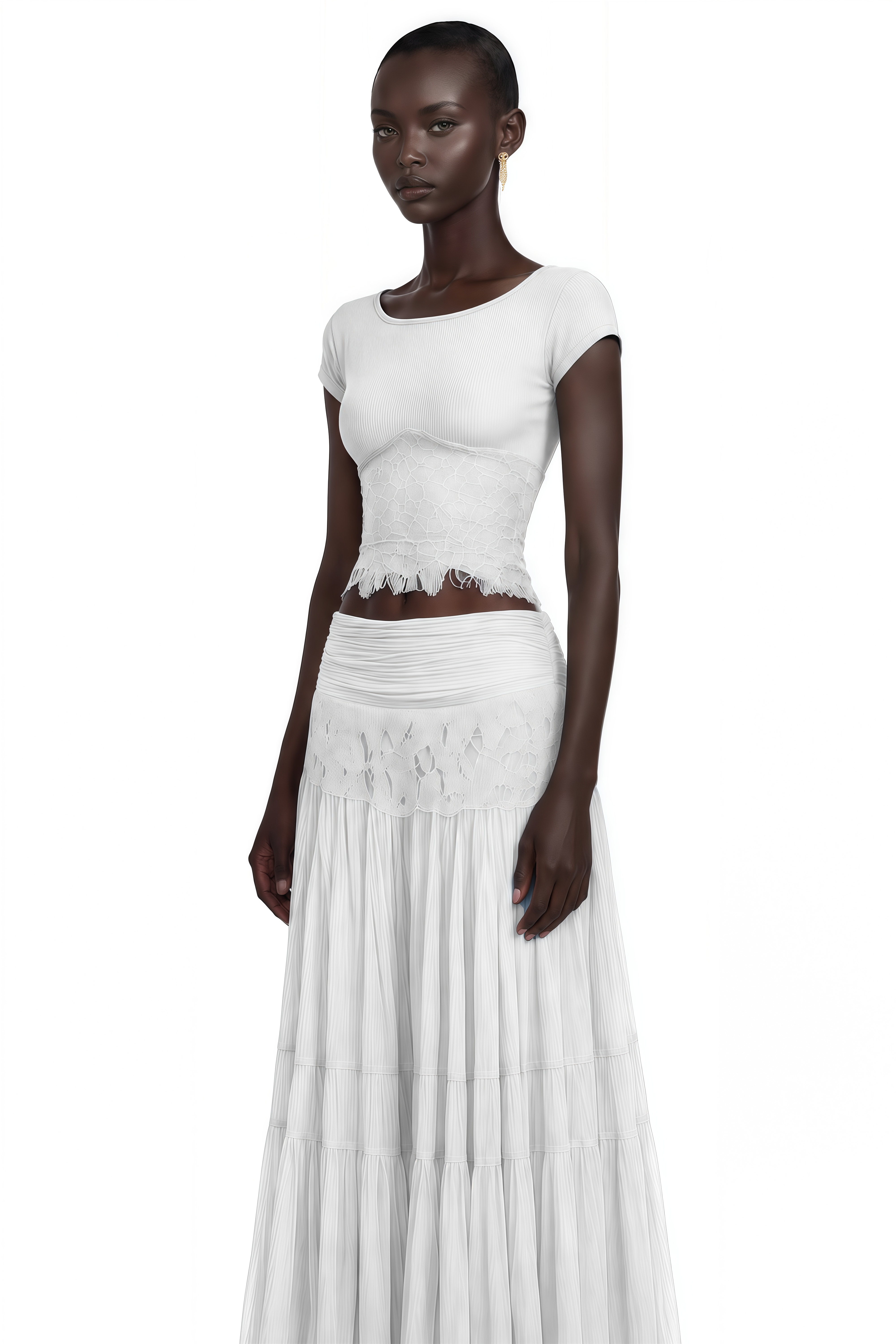Haast White Knit Top & Lace Panel Skirt Set