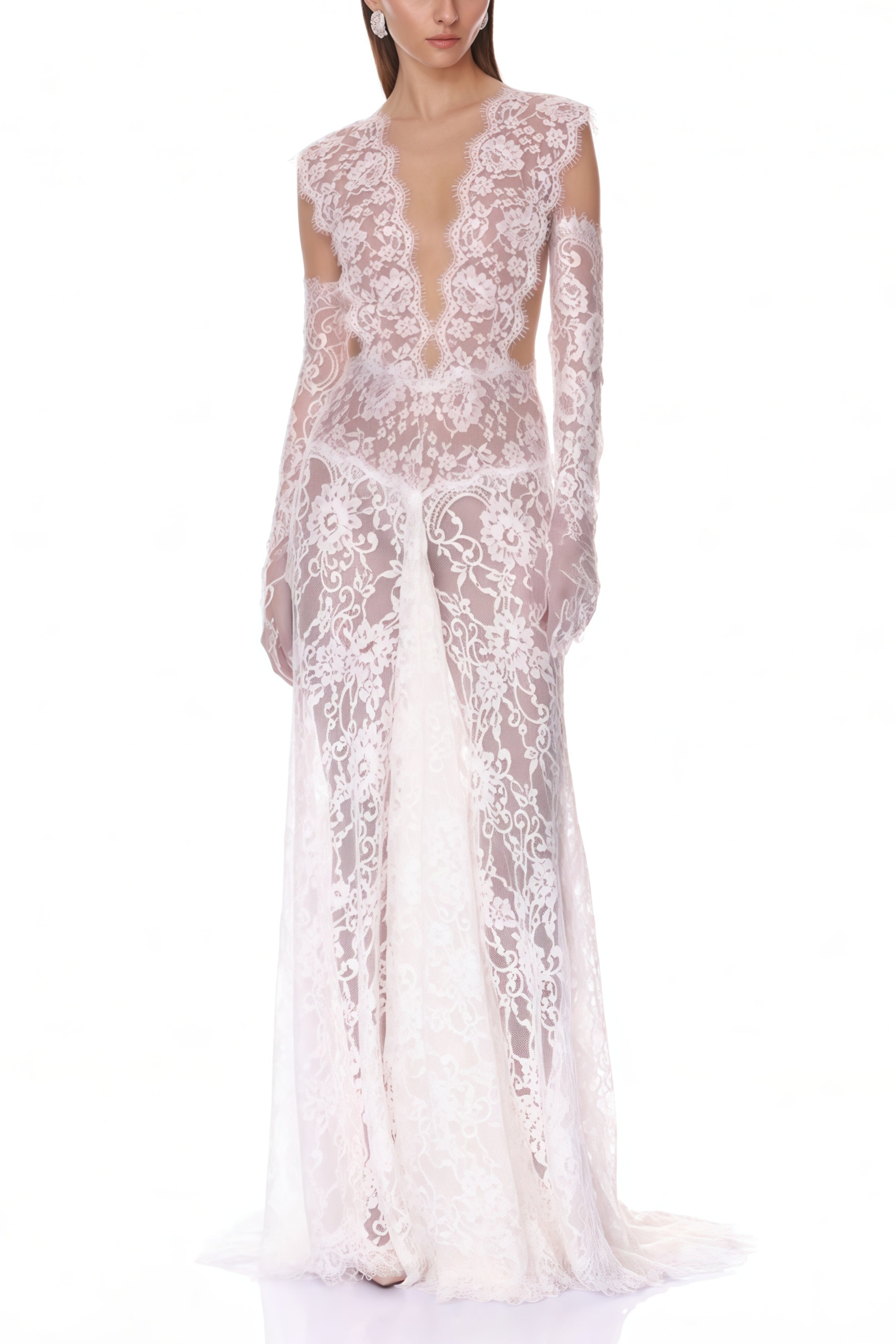 Hanna White Sheer Lace Maxi Dress with Deep V-Neck (Without Gloves) (Final Sale)