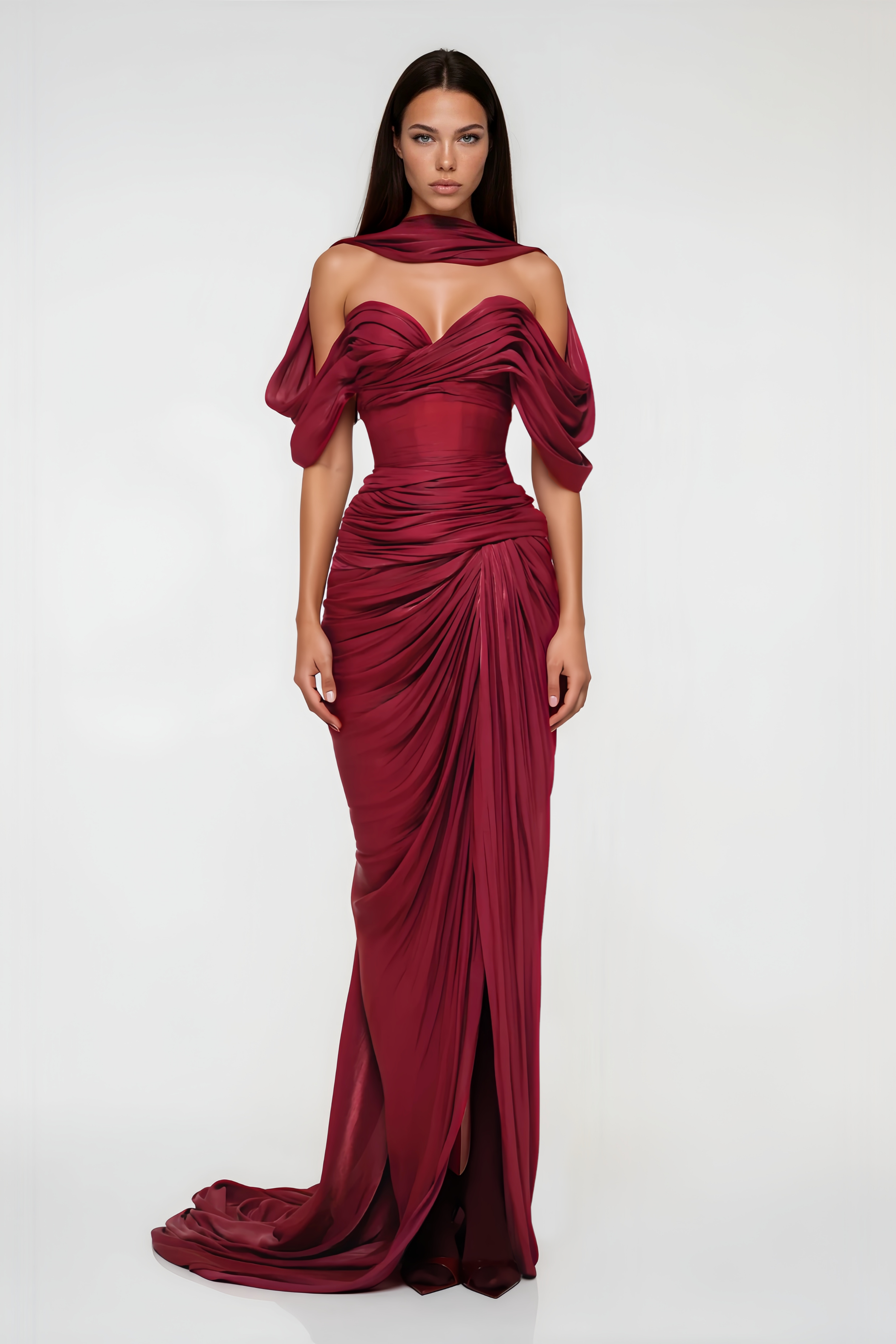 Burgundy off-the-shoulder maxi dress with a gathered bodice, draped sleeves, and matching neck scarf