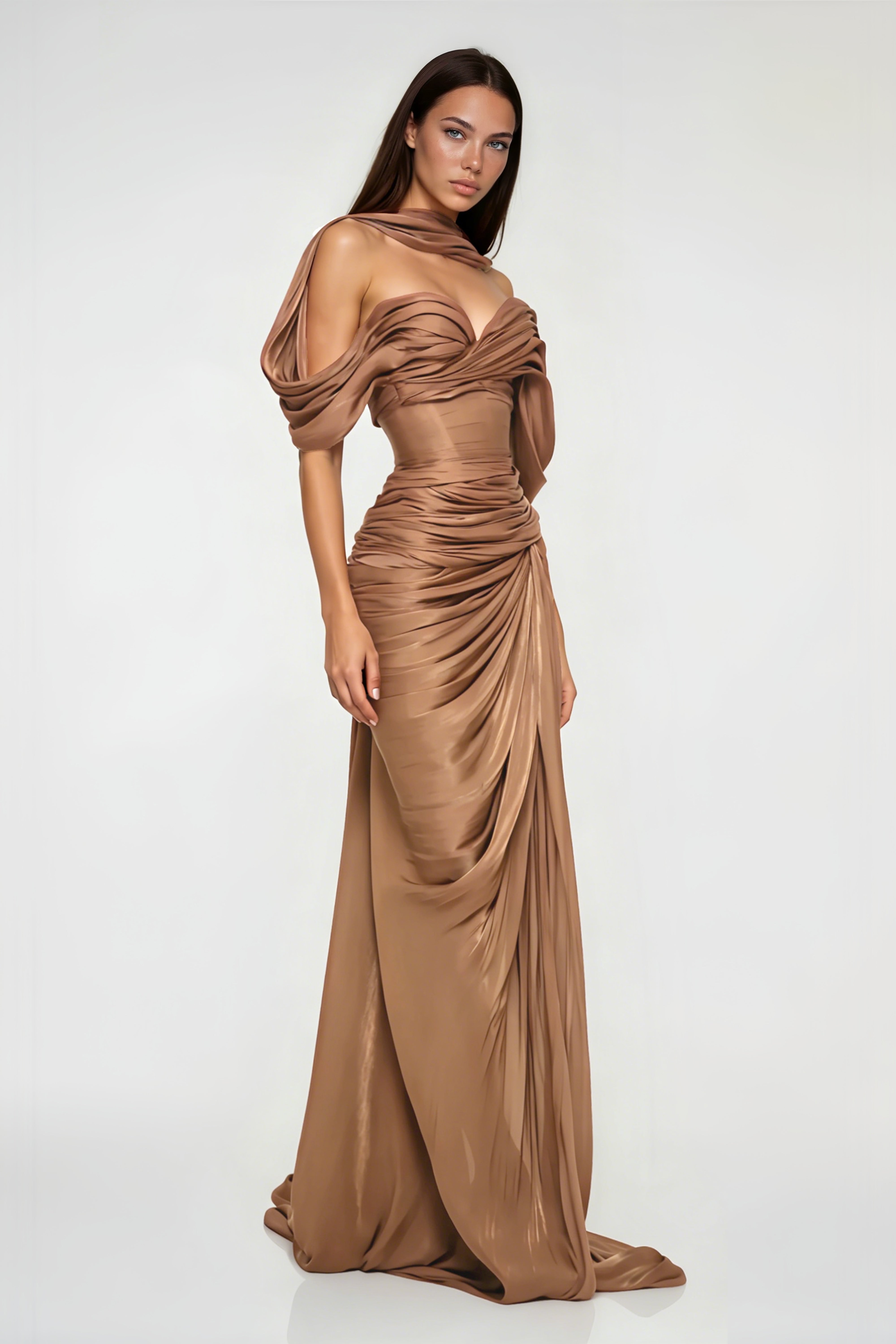 Bronze off-the-shoulder draped maxi dress with a matching neck scarf and thigh-high slit