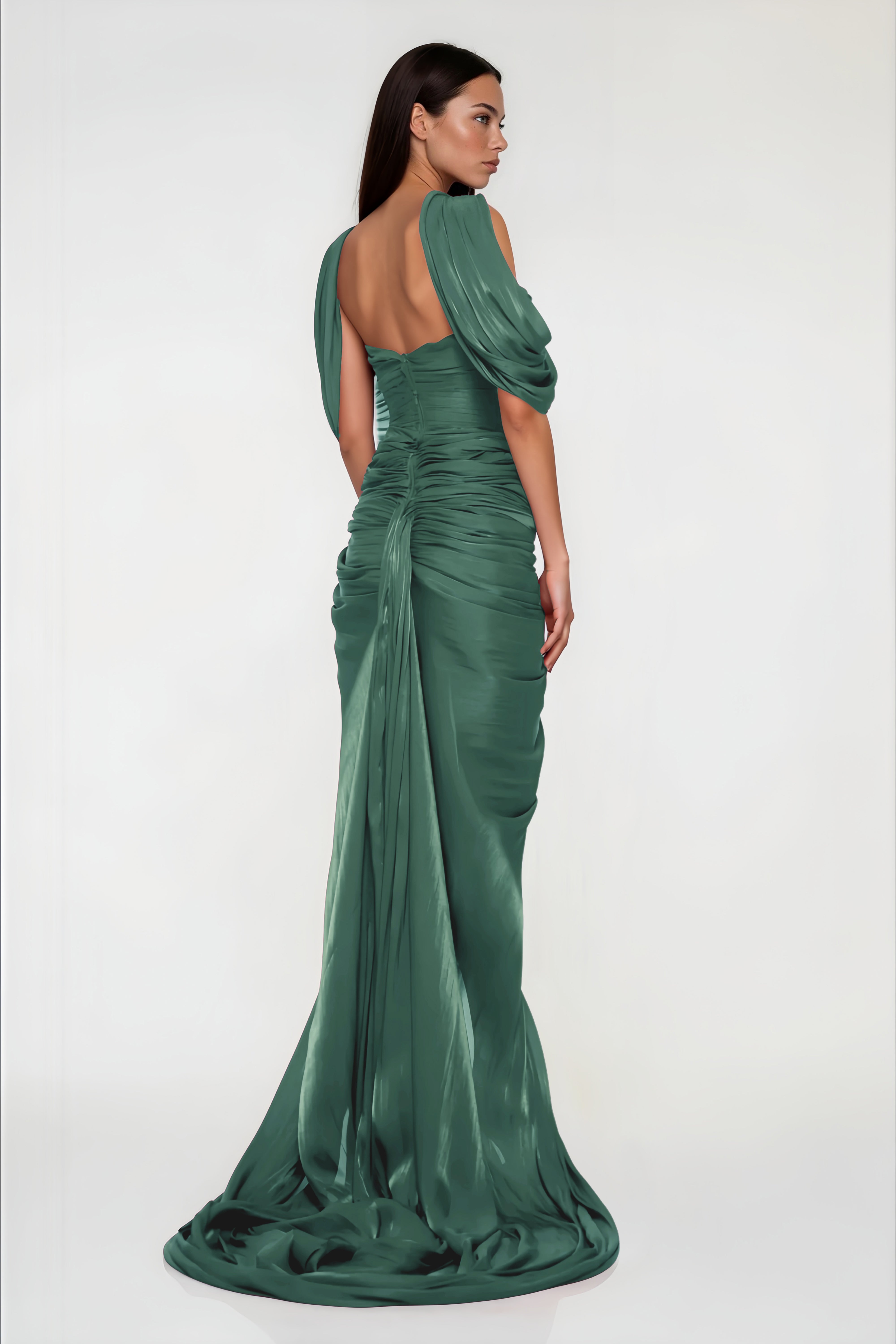 Emerald green maxi dress with an off-the-shoulder draped neckline, a matching neck scarf, and a ruched wrap skirt