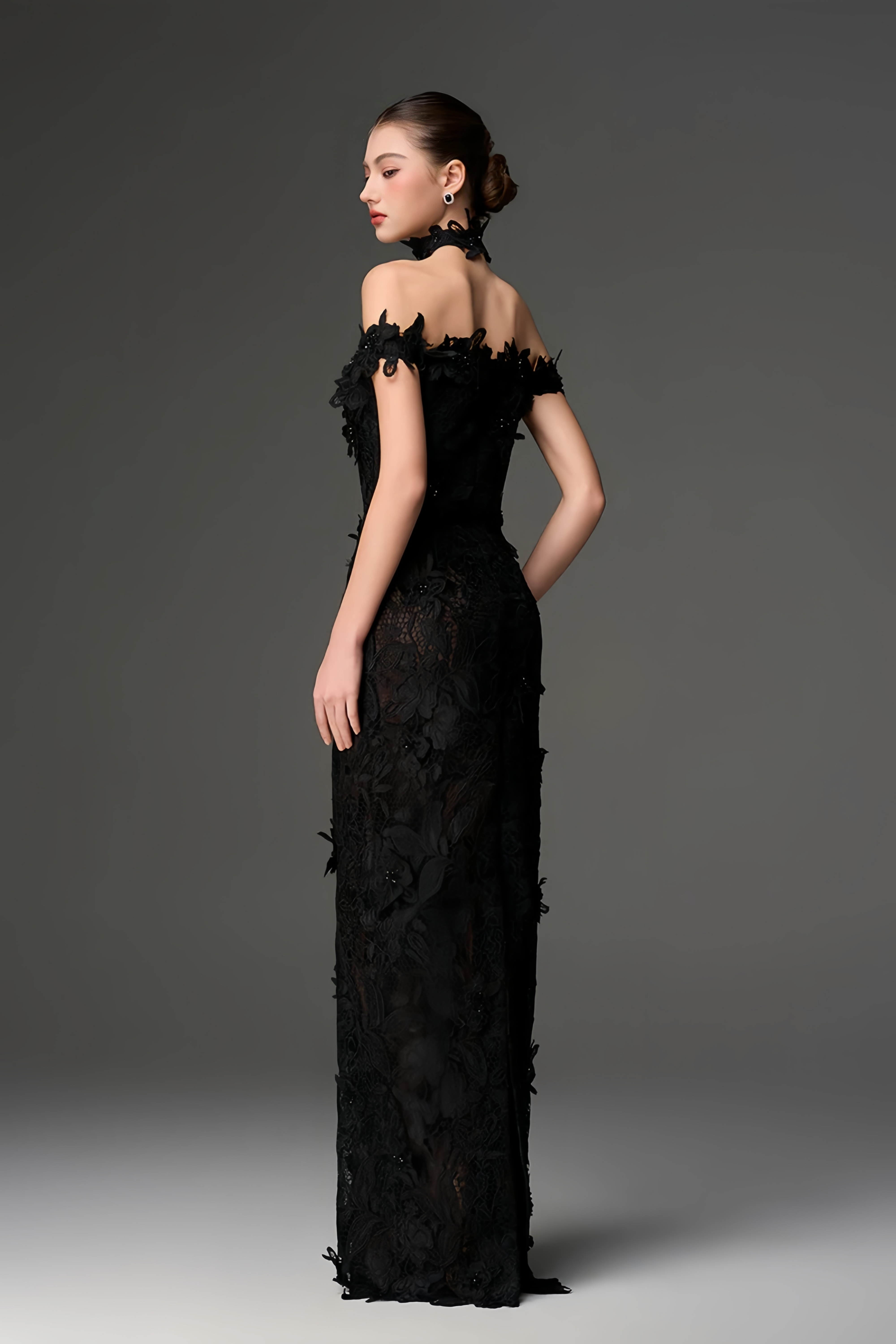 Black Floral Lace Off-the-Shoulder Maxi Dress with Choker Neck and Sheer Hem