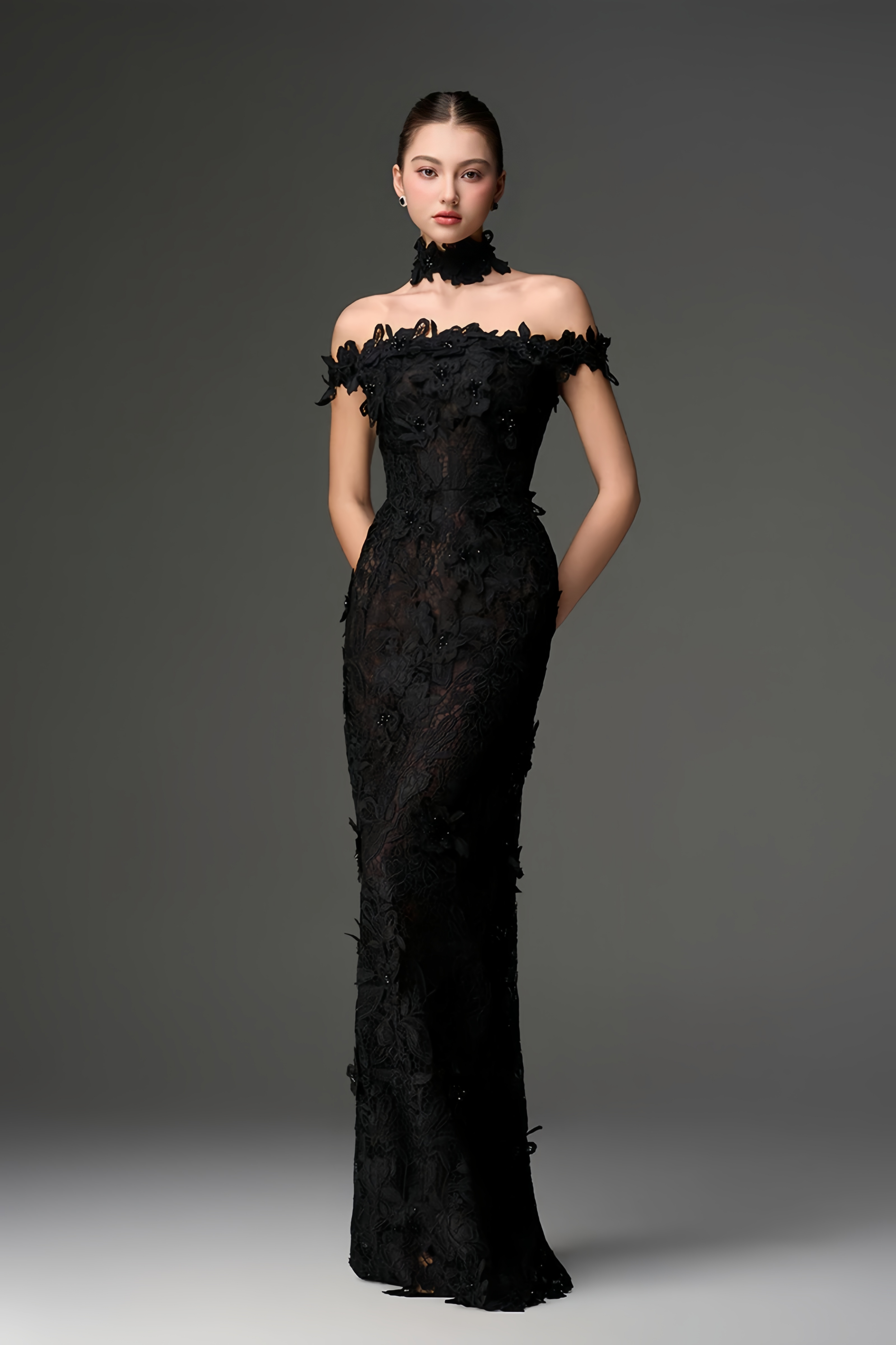 Black Off Shoulder Gown with 3D Florals
