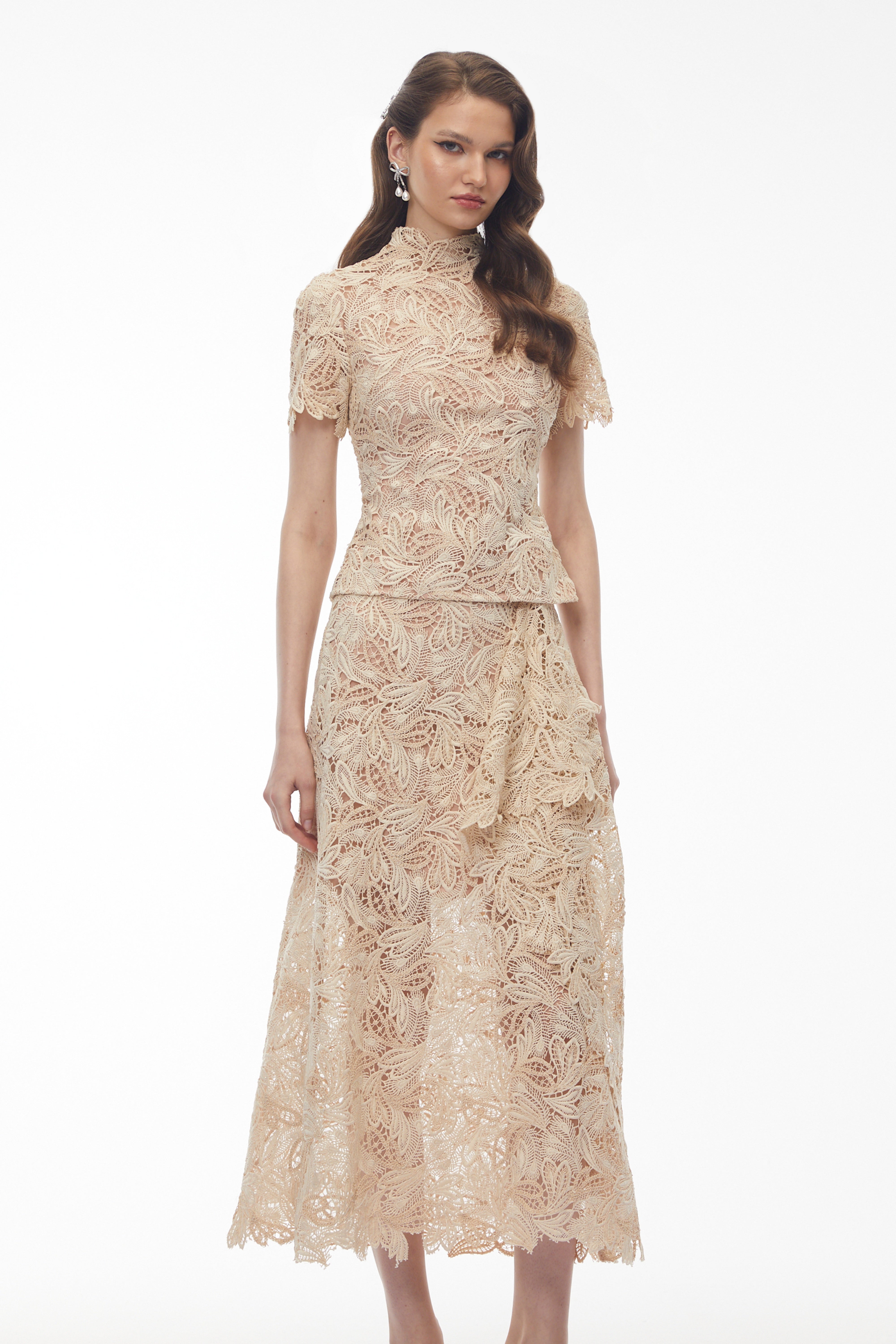 Helena Champagne Floral Lace Blouse & Skirt Set (Final Sale)