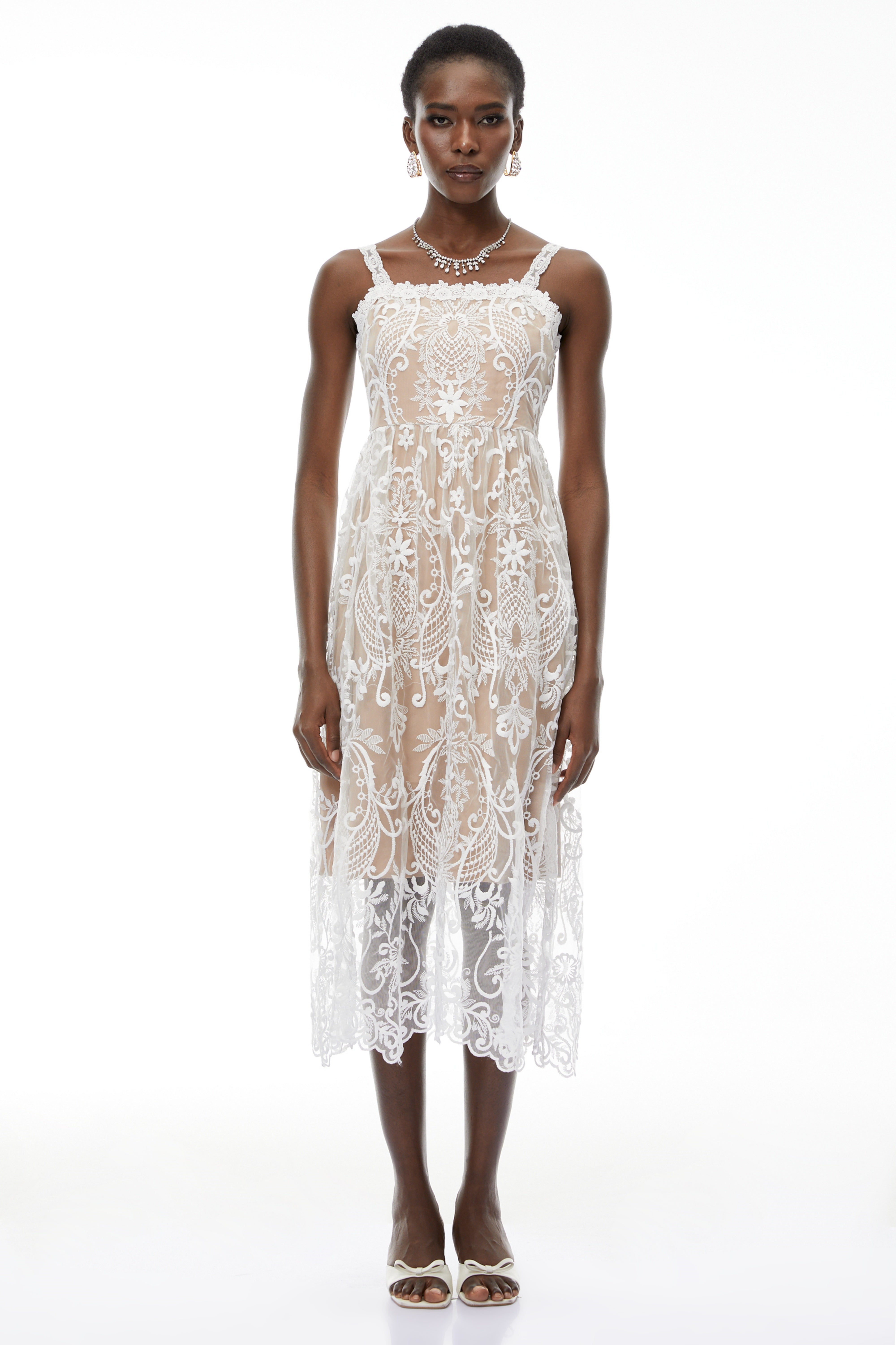 Hermione White Floral Embroidered Lace Midi Dress (Final Sale)